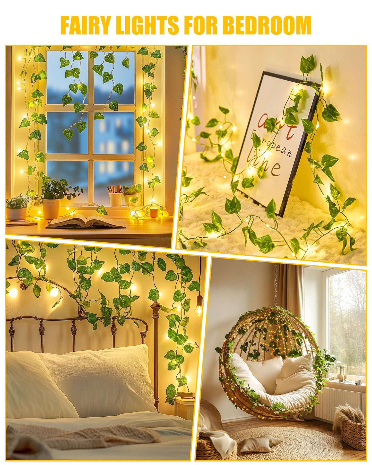 Minetom Fairy Lights - 21ft 60 LED Green Pothos Garland with Remote Control, Hanging Leaf String Lights for Bedroom and Dorm Room Decor