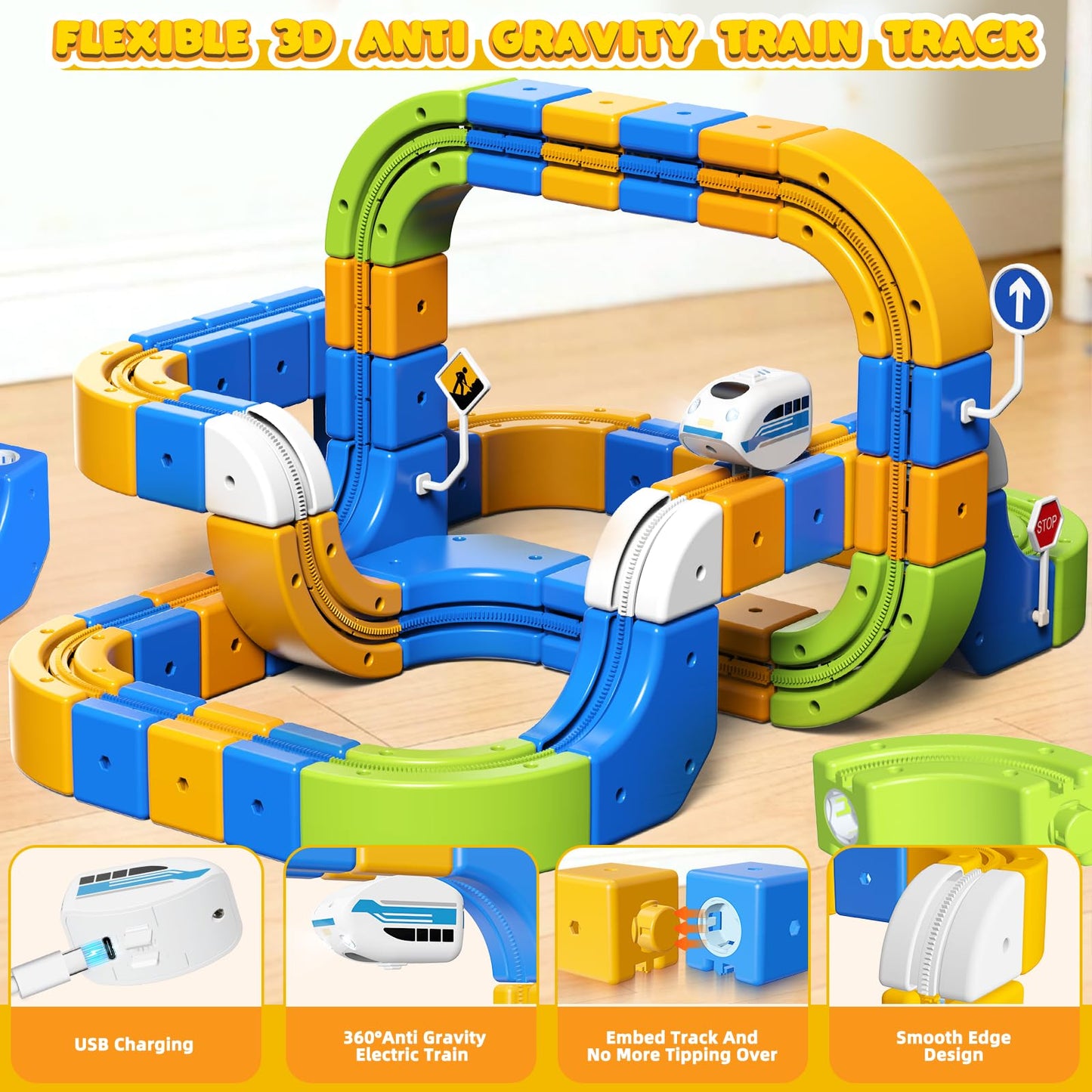 Fortand Electric Train Set for Kids 3 4 5 6 7 8, 225PCS(80 Track +2 Train) 3D Infinity Flexible Anti-Gravity Cube Trains Track STEM DIY Railroad Building Toy, Birthday Gifts for Boys & Girls Ages 3-8