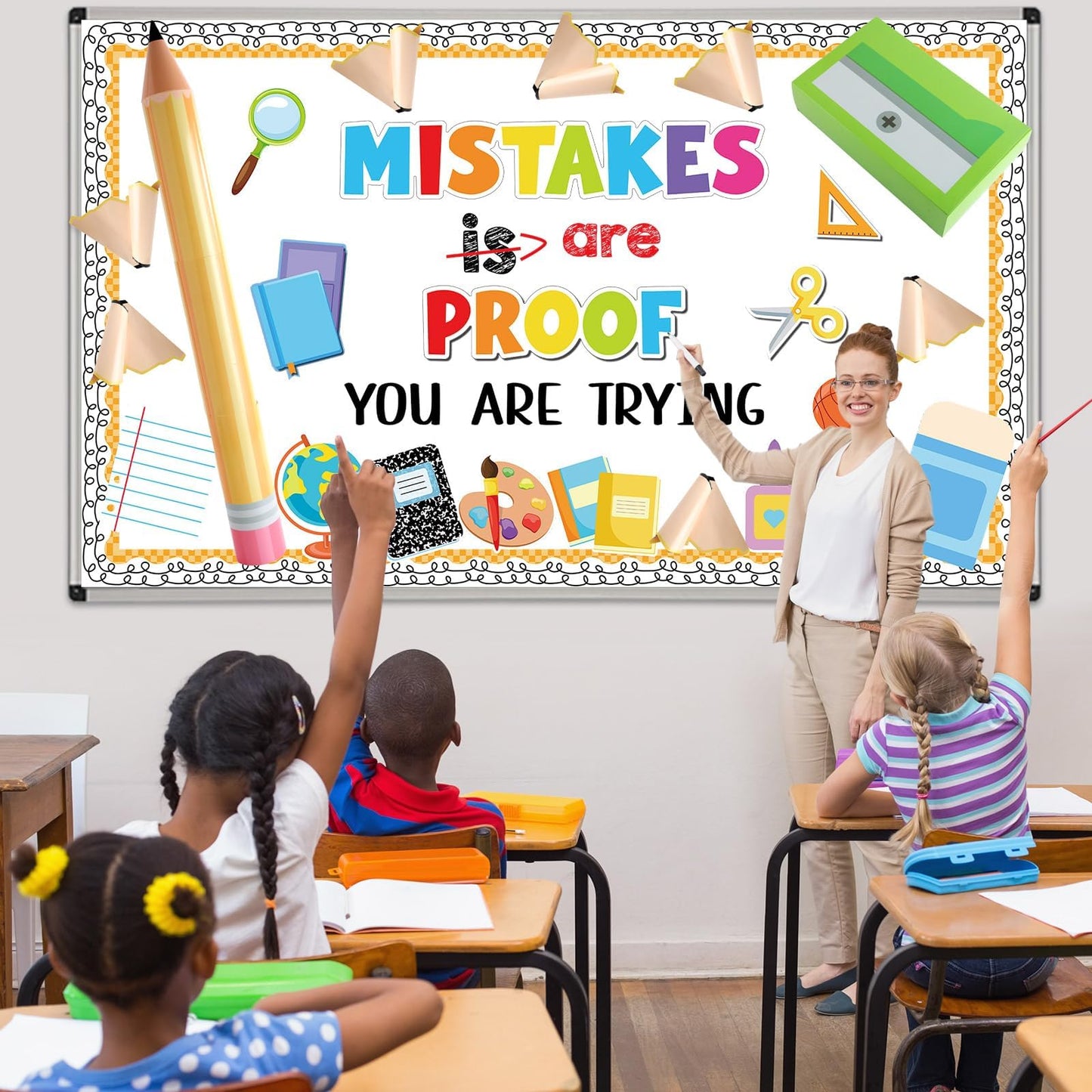 3D Back to School Bulletin Board Set Inspirational Classroom Decoration Educational Pencil Cutouts Mistakes are Proof You are Trying Bulletin Board for Teacher School Home Chalkboard Door Wall Decor
