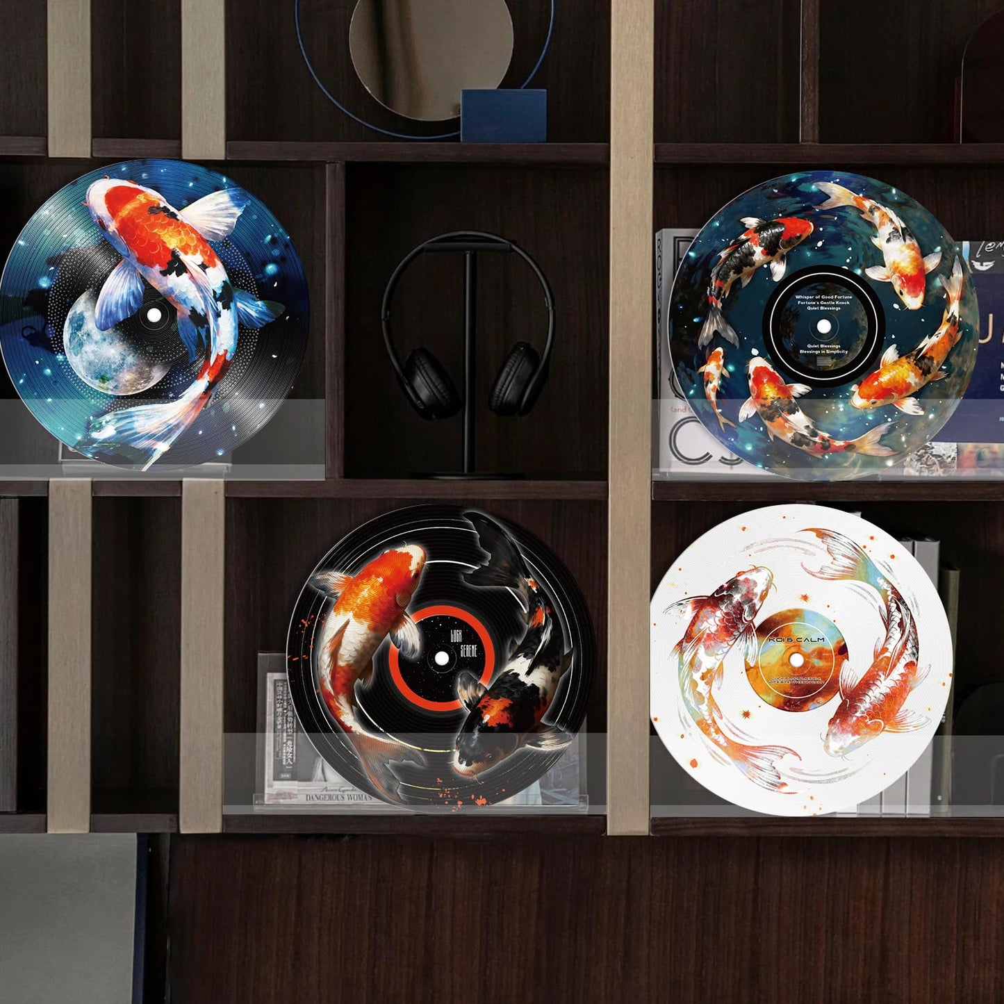 DOODLREAM 4PCS Koi Fish Vinyl Record Wall Decor 12" Hippy Koi Wall Art Posters for Room Aesthetic, Retro Record Decor for Music Party Studio Living Room DIY Craft Project