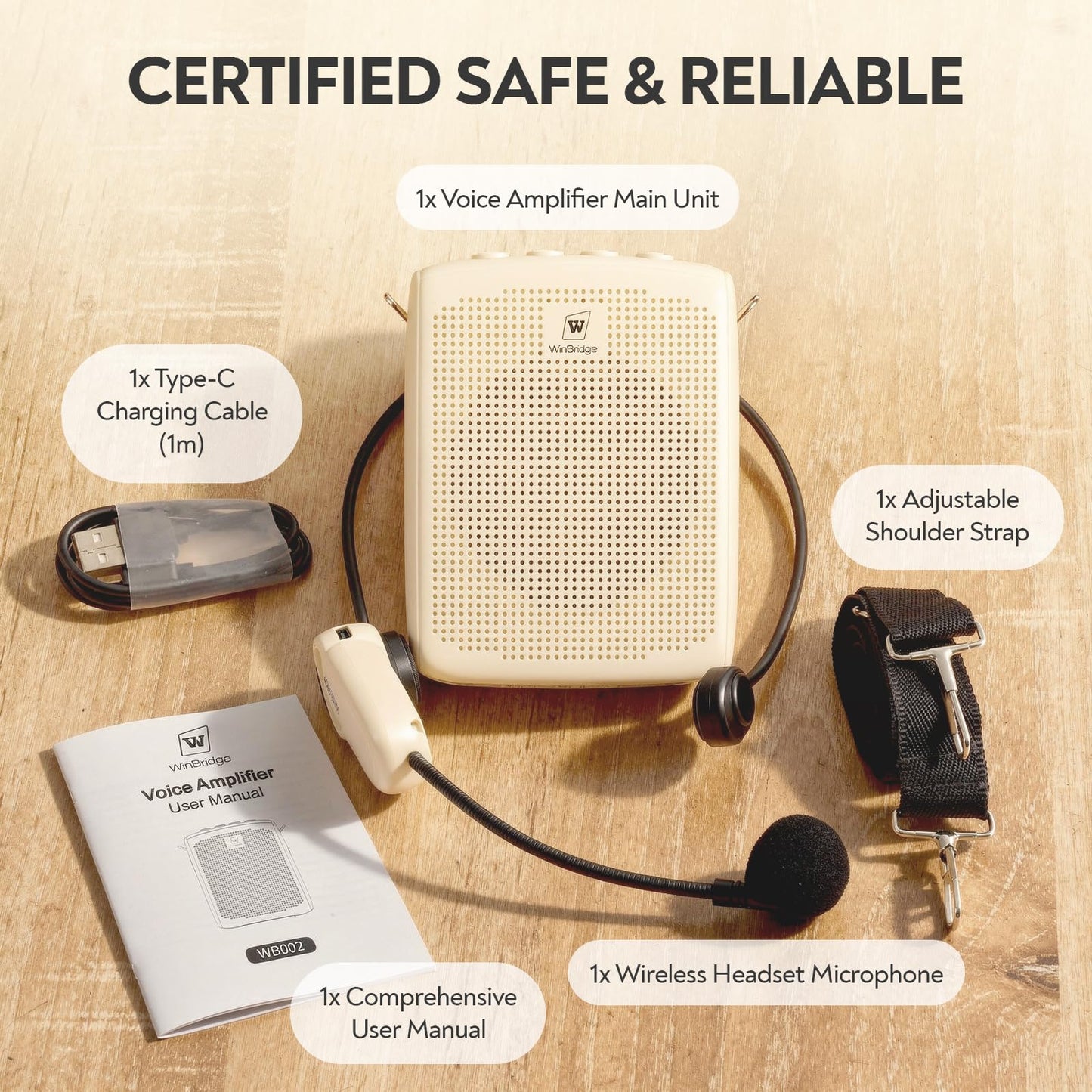 WinBridge Bluetooth Voice Amplifier - 15W Wireless Headset Mic, Portable PA System for Classroom/Elderly, Speaker and Microphone for Teachers, Tour Guide, Soft-Spoken People, WB002 Beige