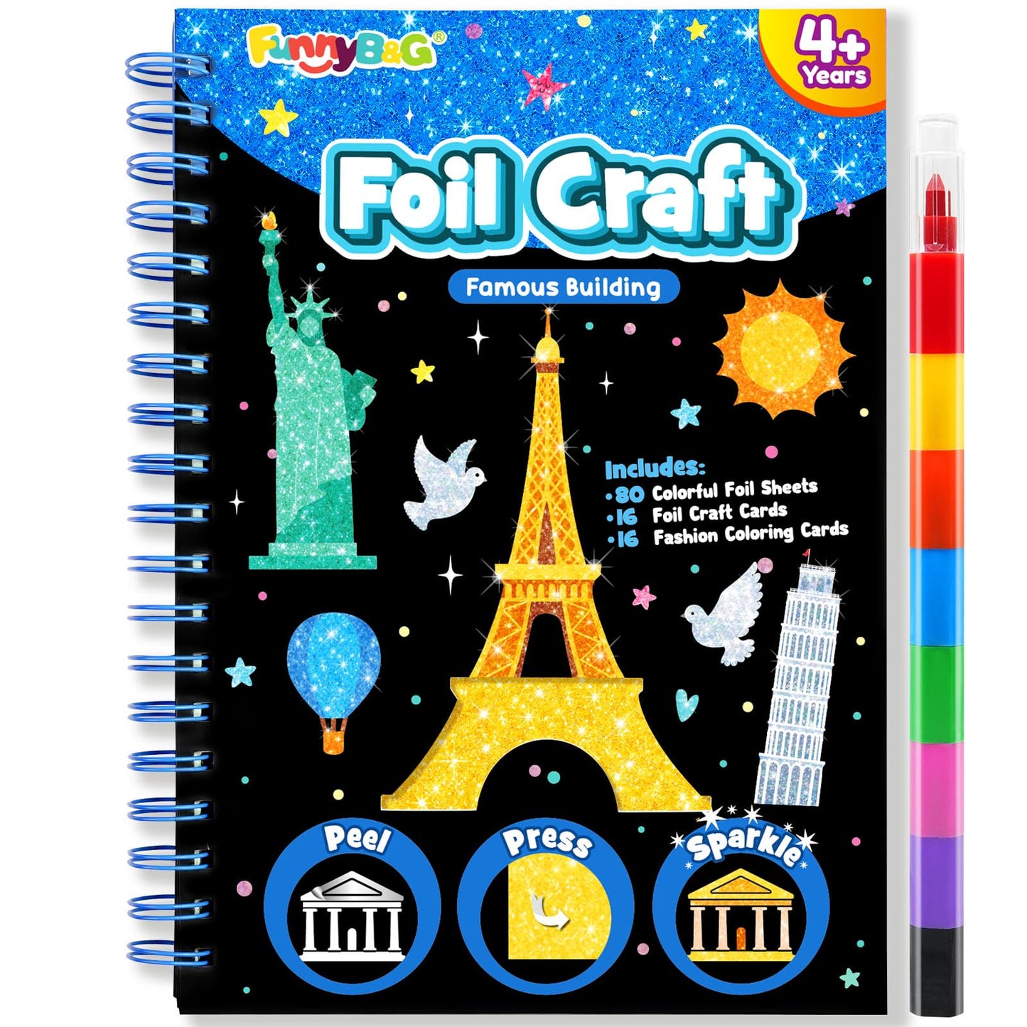 FUNNYB&G Foil Art Craft Kit for Kids 4-10 Years Old: Mess-Free & No-Glue, Create 16 Sparkly Famous Building Pictures – Perfect Travel Toy & Birthday Gift for Kids (Buildings)