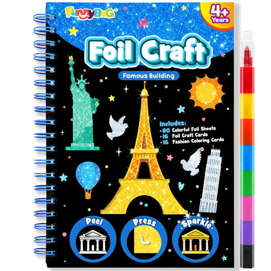 FUNNYB&G Foil Art Craft Kit for Kids 4-10 Years Old: Mess-Free & No-Glue, Create 16 Sparkly Famous Building Pictures – Perfect Travel Toy & Birthday Gift for Kids (Buildings)
