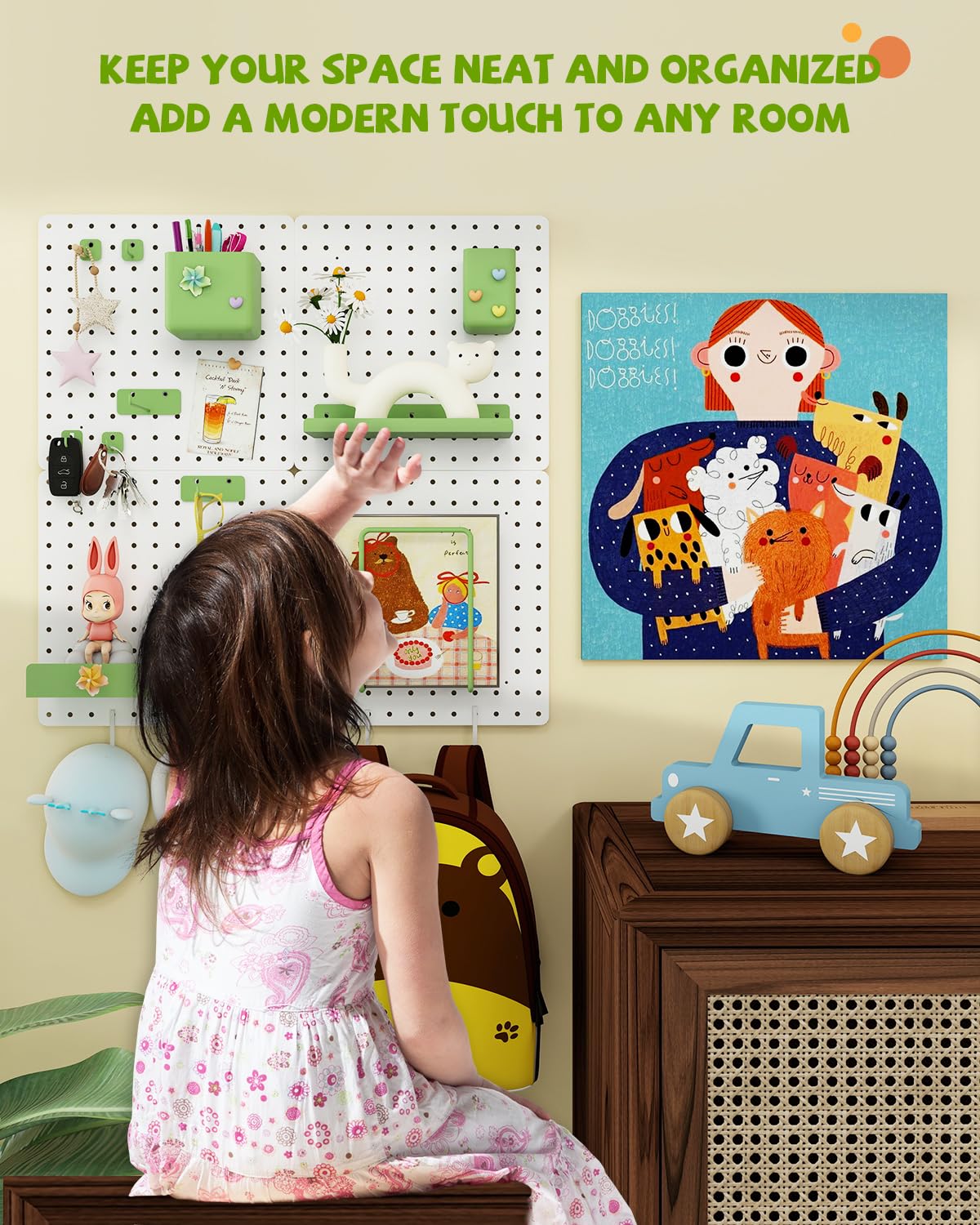 Soubeoii Metal Pegboard Combination Kit — 4 Carbon Steel Pegboards with 26 Accessories, Pegboard Wall Organizer for Home, Office, Study Room, Kitchen, Garage & Craft Room — 24″ × 24″ White Peg Board