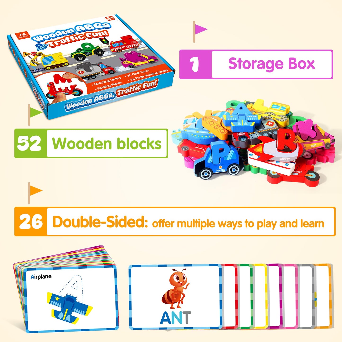 Vanmor Wooden Vehicle Alphabet Puzzle for Toddlers, Traffic ABC Letter Sight Words Matching Game with 52 Blocks and Flash Cards, Spelling Game Toys, Kindergarten Preschool Learning Activities