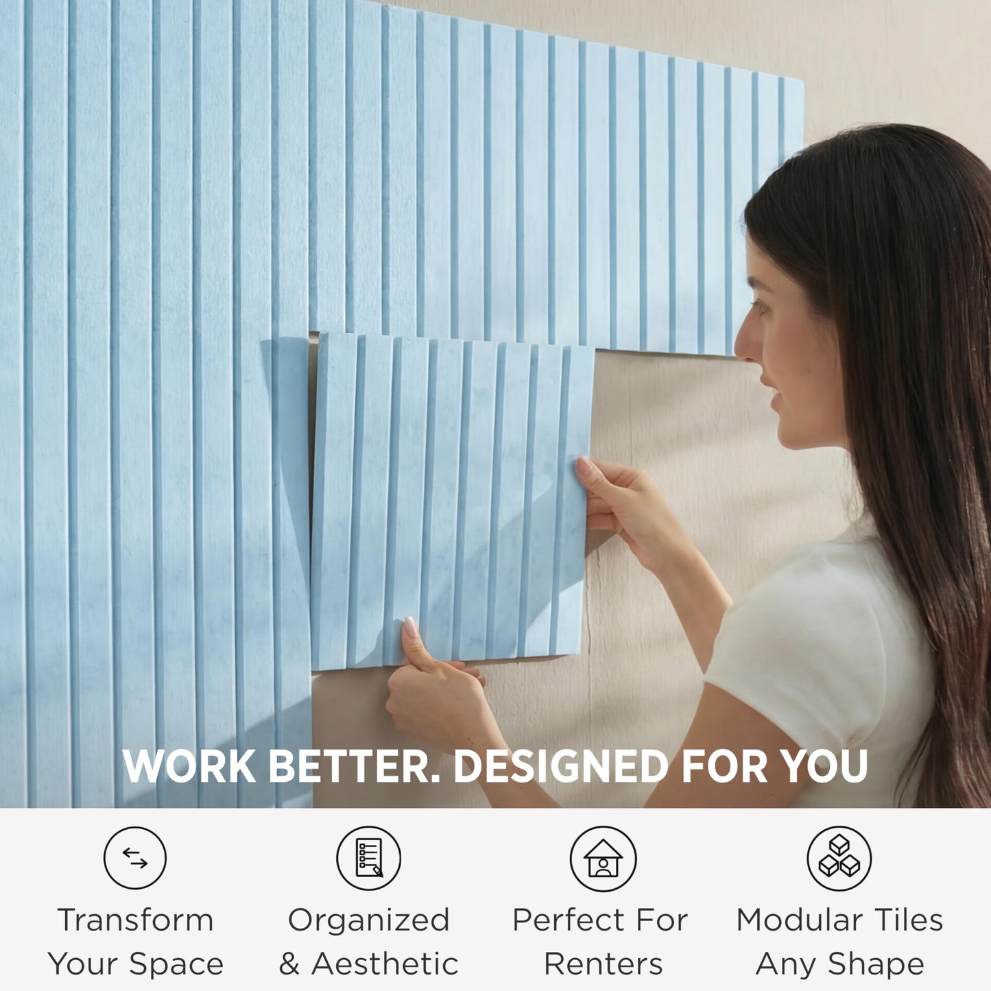 VIVELDA Felt Bulletin Board Tiles 48"x36" - 12-Pack Cork Board Alternative, OEKO-TEX Certified, NRC 0.95 Acoustic Wall Panels, Damage-Free Adhesive, Slatted Design, Home Office & Classroom (Baby Blue)