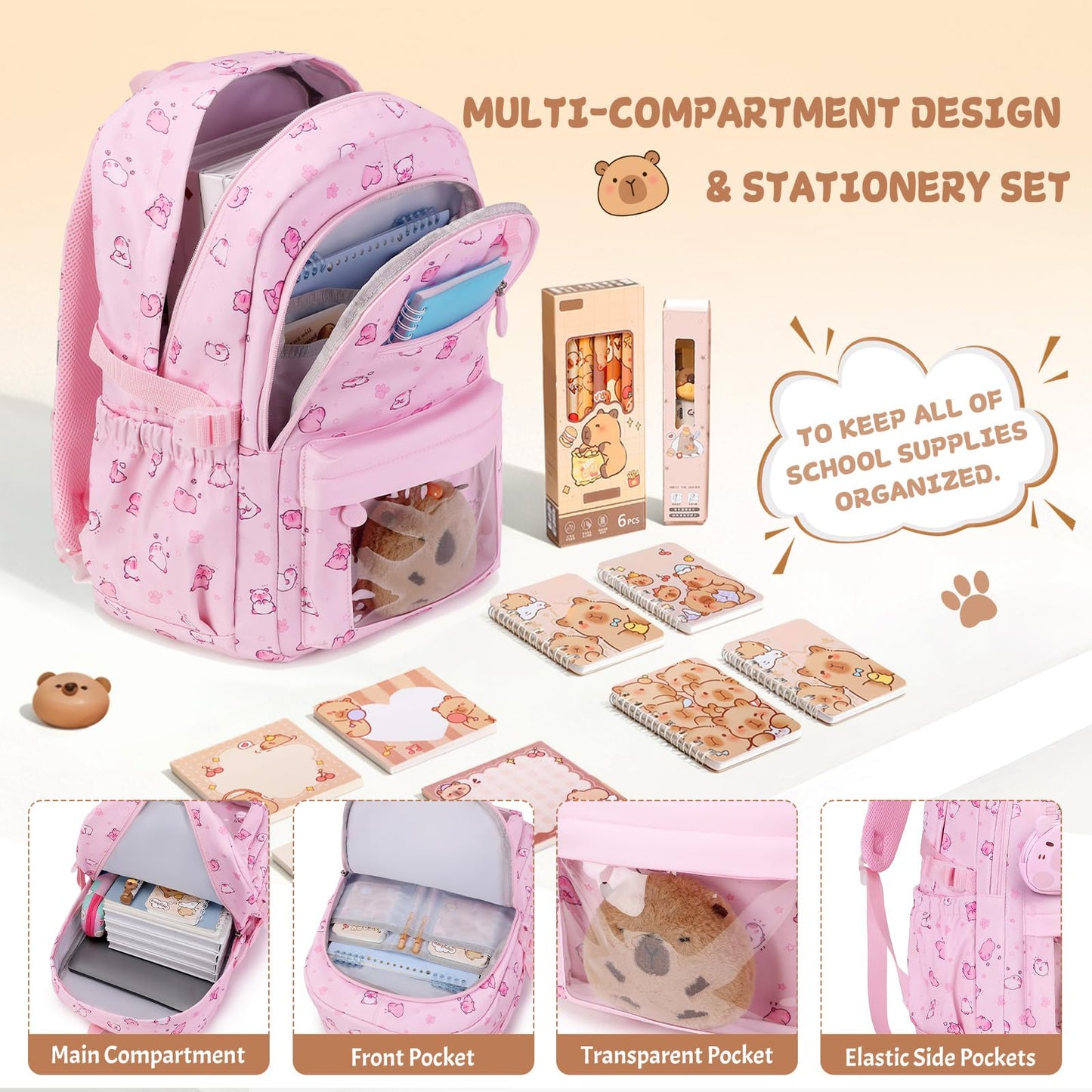 Similove Capybara Theme Backpack for School Girls, 35PCS Kids Backpack Set with School Supplies Stationery Kit Lunch Box Pencil Case, Cute Girls Bookbag for Kindergarten Elementary Student
