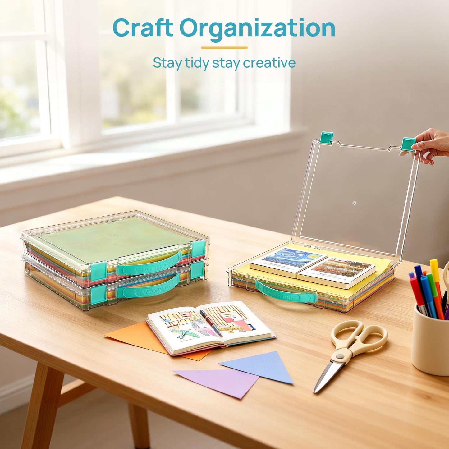 Vtopmart 3 Pack Board Game Storage with Handle and Snap-Tight Latch Lid, Craft Organizer Fit 12" x 12" Papers, Stackable Clear Storage Box for Scrapbook Storage, Art Supply Storage, Puzzle Storage