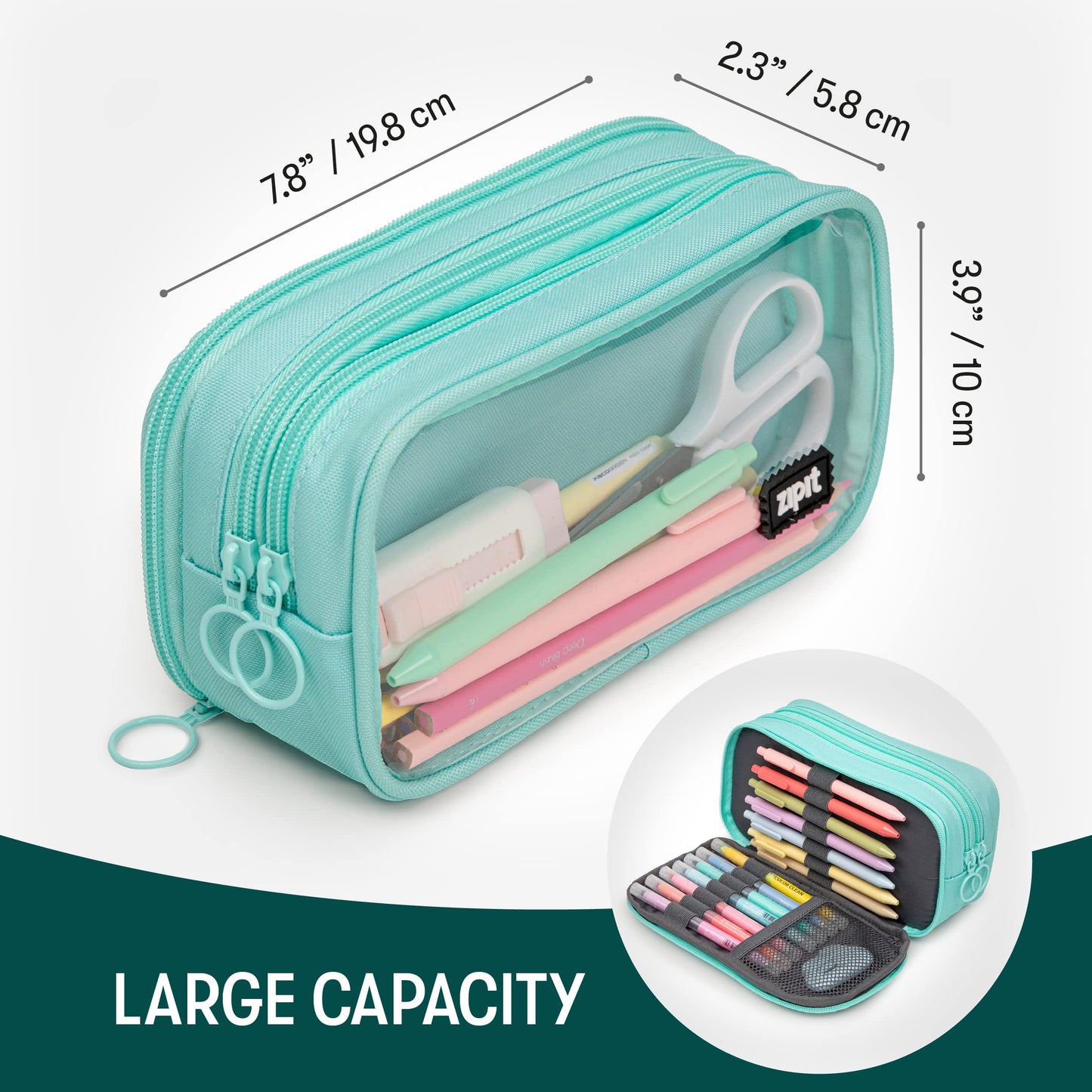 ZIPIT Half & Half Pencil Case, 3 Compartment Zipper Pouch for School, Stationery Bag for Teen Girls Boys and Adults, Mint