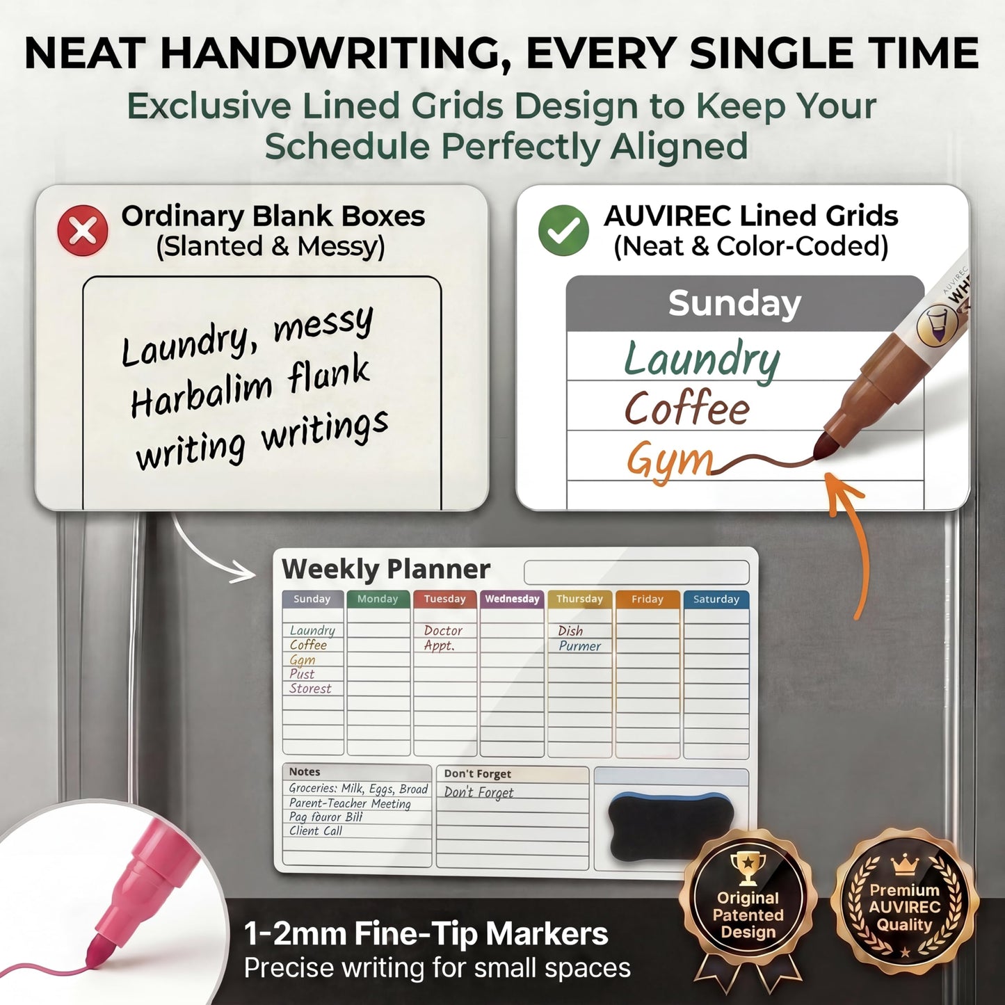 AUVIREC Magnetic Calendar for Refrigerator (3-Pack, Ships Flat) - 17"x12" Monthly, Weekly & Daily Planner with Lined Grids - Nano-Tech Dry Erase Board Fridge Whiteboard, 8 Markers & Eraser