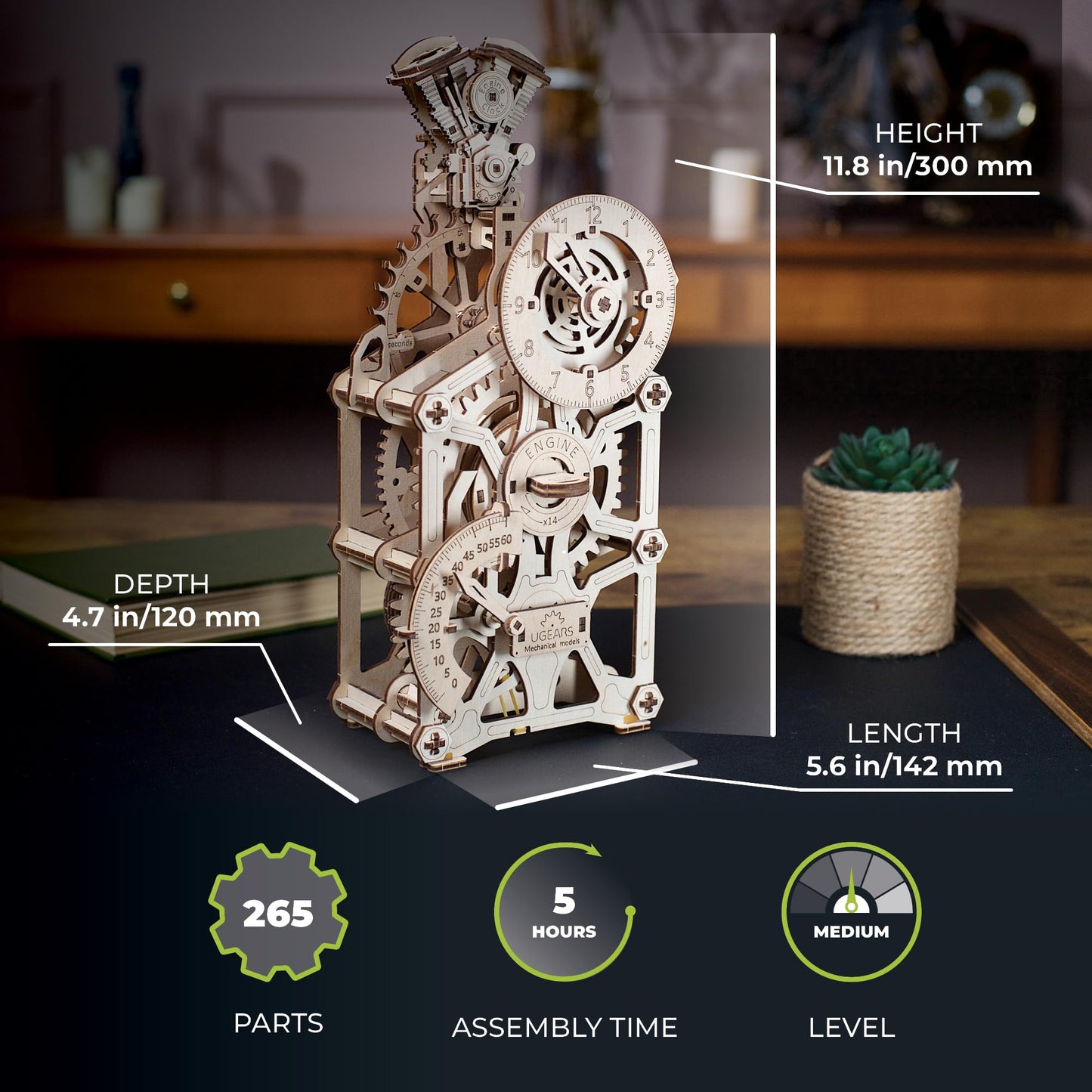 UGEARS Engine Clock 3D Wooden Puzzles for Adults – Wooden Model Kits for Adults, Mechanical Clock Kit with Moving Pistons, Steam Engine Kits, Clocks Kits for Do It Yourself, Brain Teaser 3D Puzzle