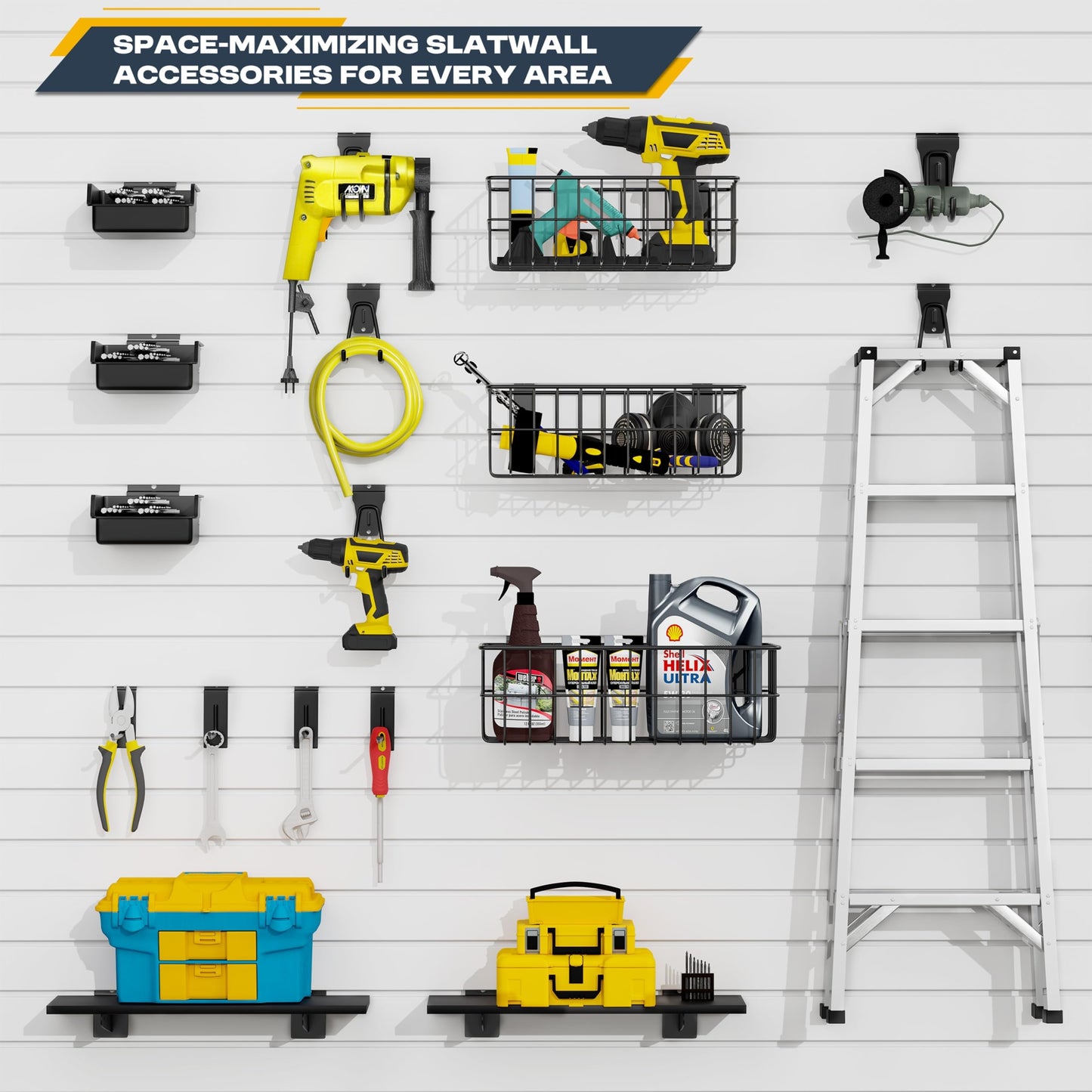 35Pcs Slatwall Accessories Kit, with Slatwall Hooks, Baskets, Shelves, Bins, Heavy Duty Slat Wall Accessory for Garage Organization, Workshop & Utility Room