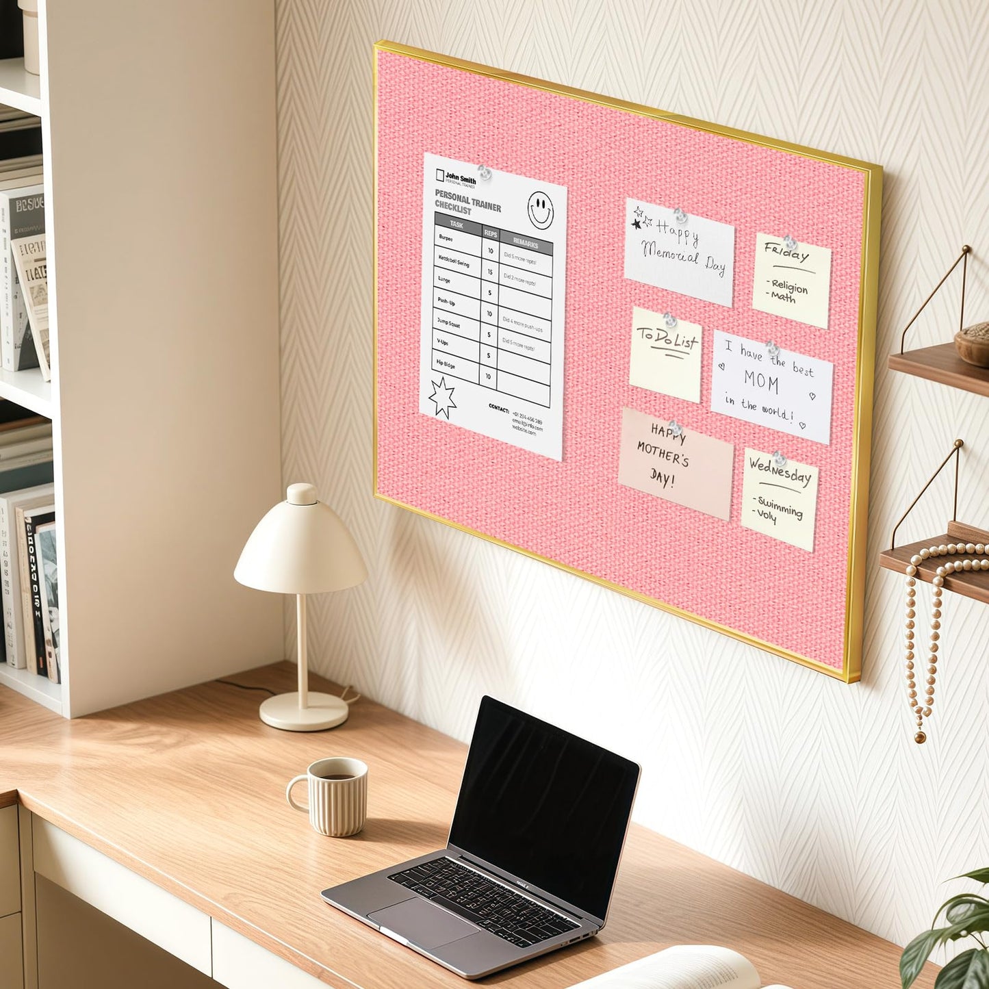 QUEENLINK Linen Bulletin Board 36" x 24", Fabric Pin Board with Gold Aluminum Frame, Decorative Vision Board for Home Office, Bedroom & Dorm Wall Decor, Includes 10 Push Pins, Pink