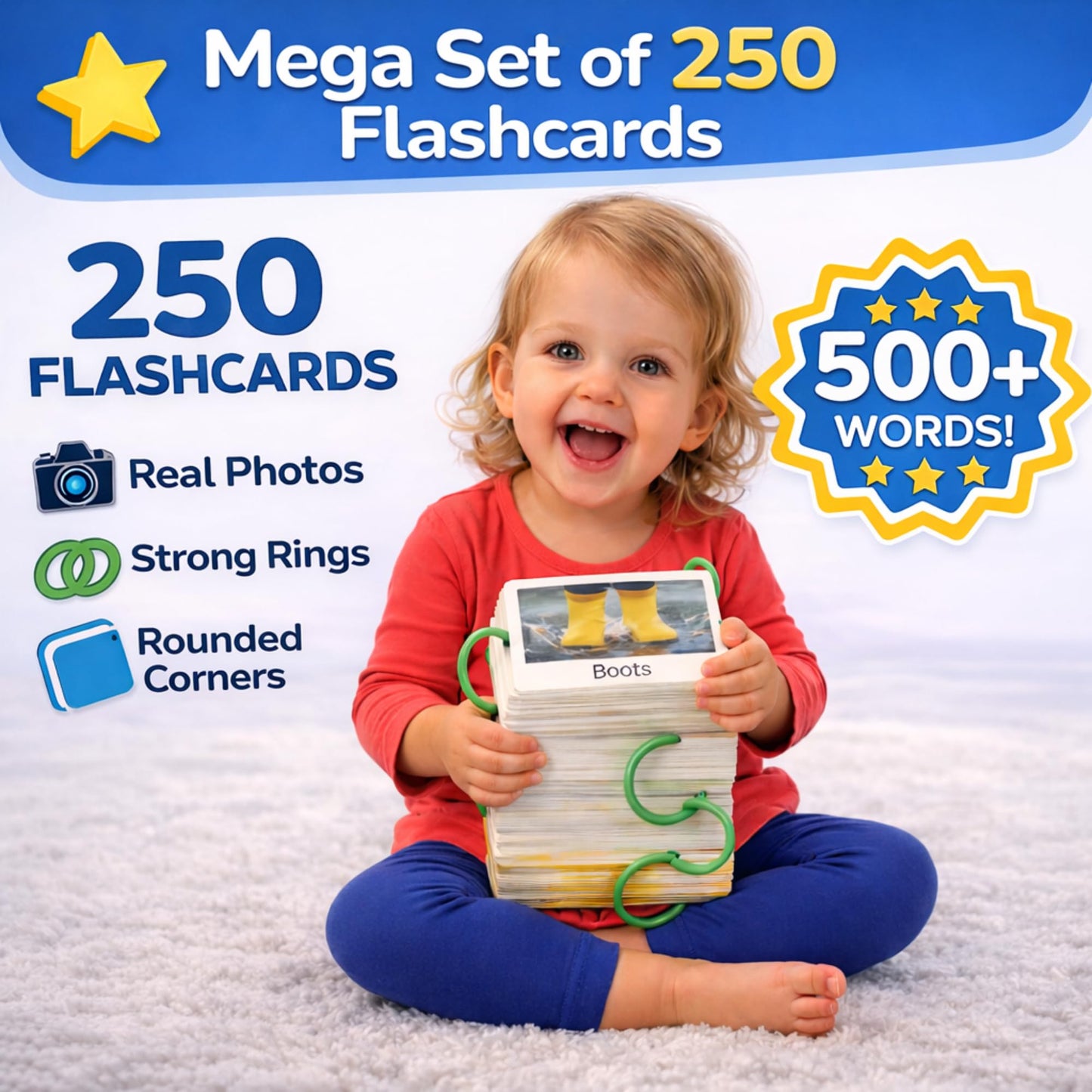 250 Thick & Sturdy Learning Flashcards for Toddlers 1-3 with Rings - Alphabet Flash Cards & Sight Words for Toddlers 2-4 yrs Included - Toddler Flash Cards Ages 2-3