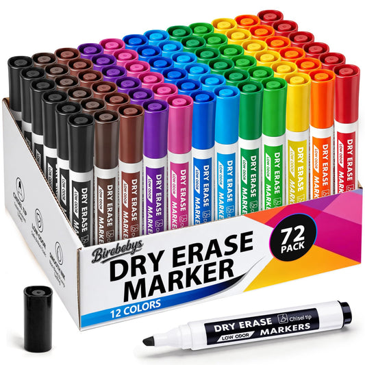 Birebebys 72 Pack Dry Erase Markers, Chisel Tip Whiteboard Markers in 12 Assorted Colors, Low Odor Dry Erase Pens Bulk Pack for Teachers Kids, Classroom, Office, Home, Back to School Supplies