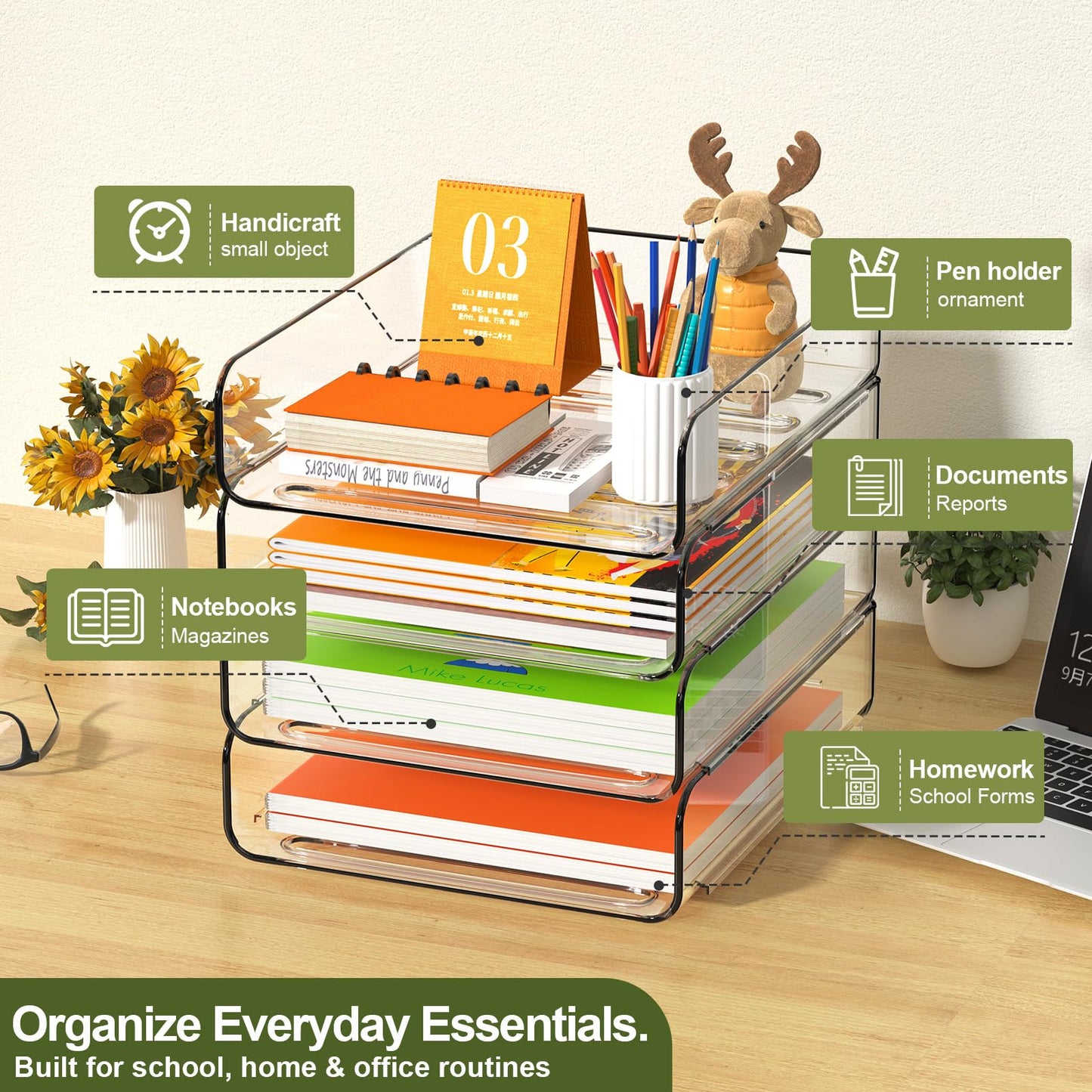 FANXIYQ 4-Tier Acrylic Paper Tray Organizer, Clear Stackable Desk File Organizer for Documents, Files, Letters, A4 Paper, Books, Notes, Mail & Paper Storage, Office Classroom Home