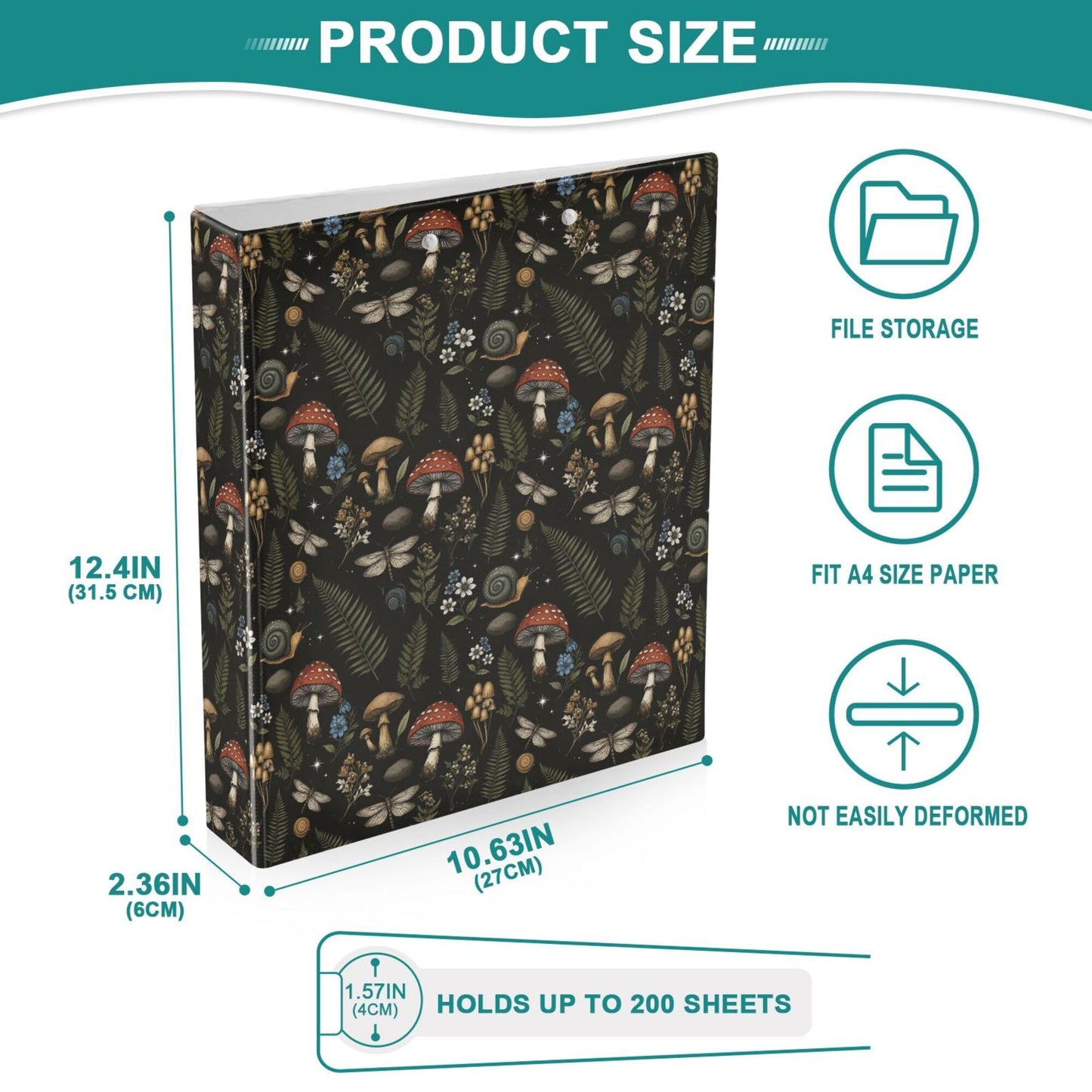 Mushroom Round Ring Binders 1.5 Inch Leaves Flower Berry Daisy 3 Ring Clipboard Binder for Office School Work Supplies File Folder Document 200 Sheet Capacity Easy Open