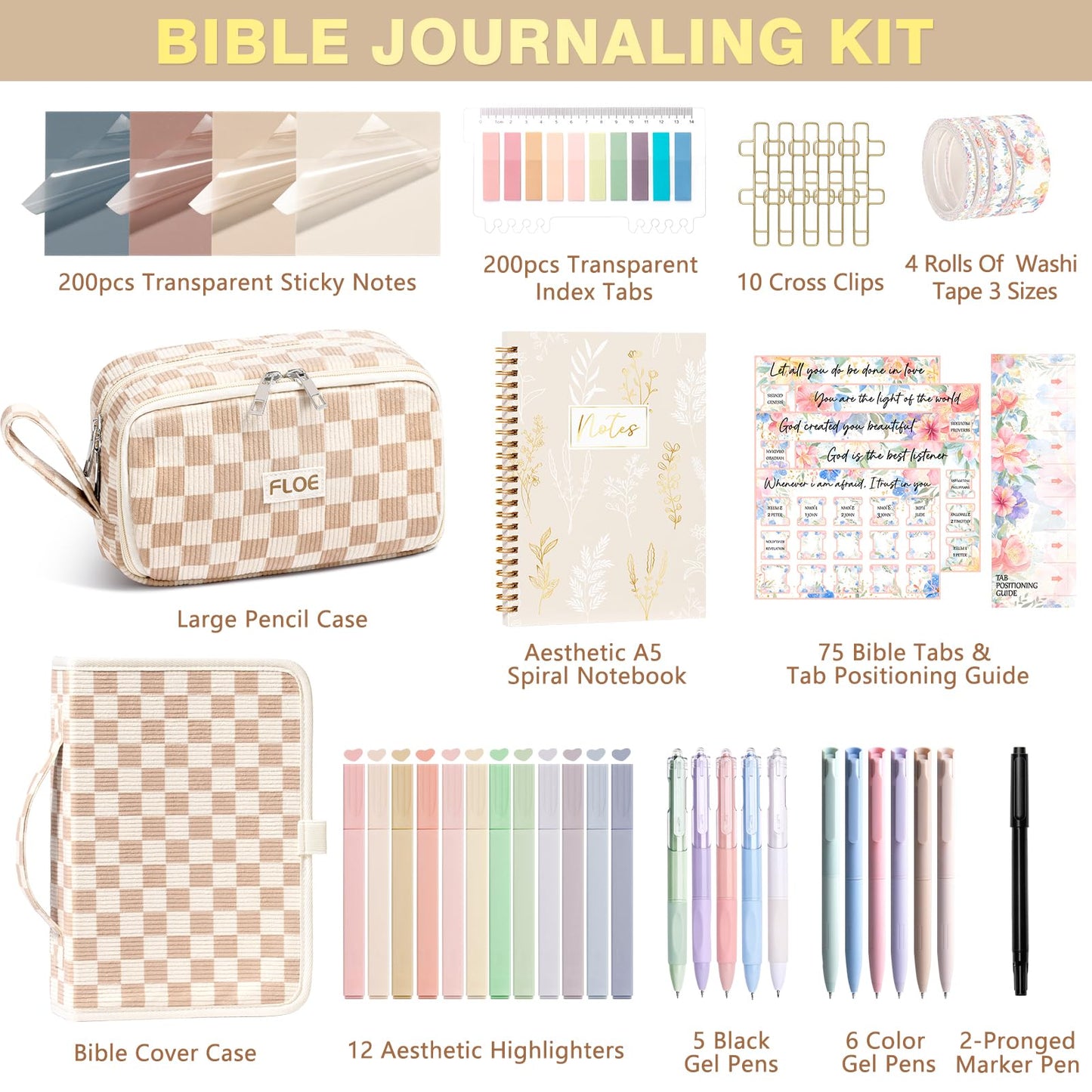 Bible Study Supplies Journaling Kit for Women with Bible Cover Case, Christmas Christian Gifts for Women Mom, Bible Study Tools Accessories Set w/Highlighter Pen, Pencil Case Notebook Annotation Kit