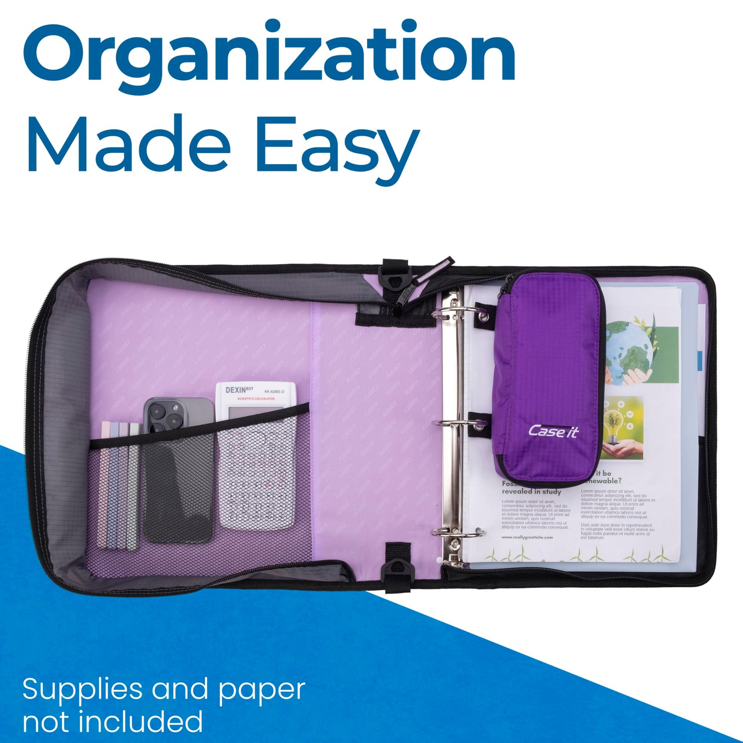 Case-it Classic Zipper Binder | 2-Inch O-Rings, 350 Sheet Capacity, Multiple Storage Pockets & Shoulder Strap | School & Office Organizer | D-251 Lavender