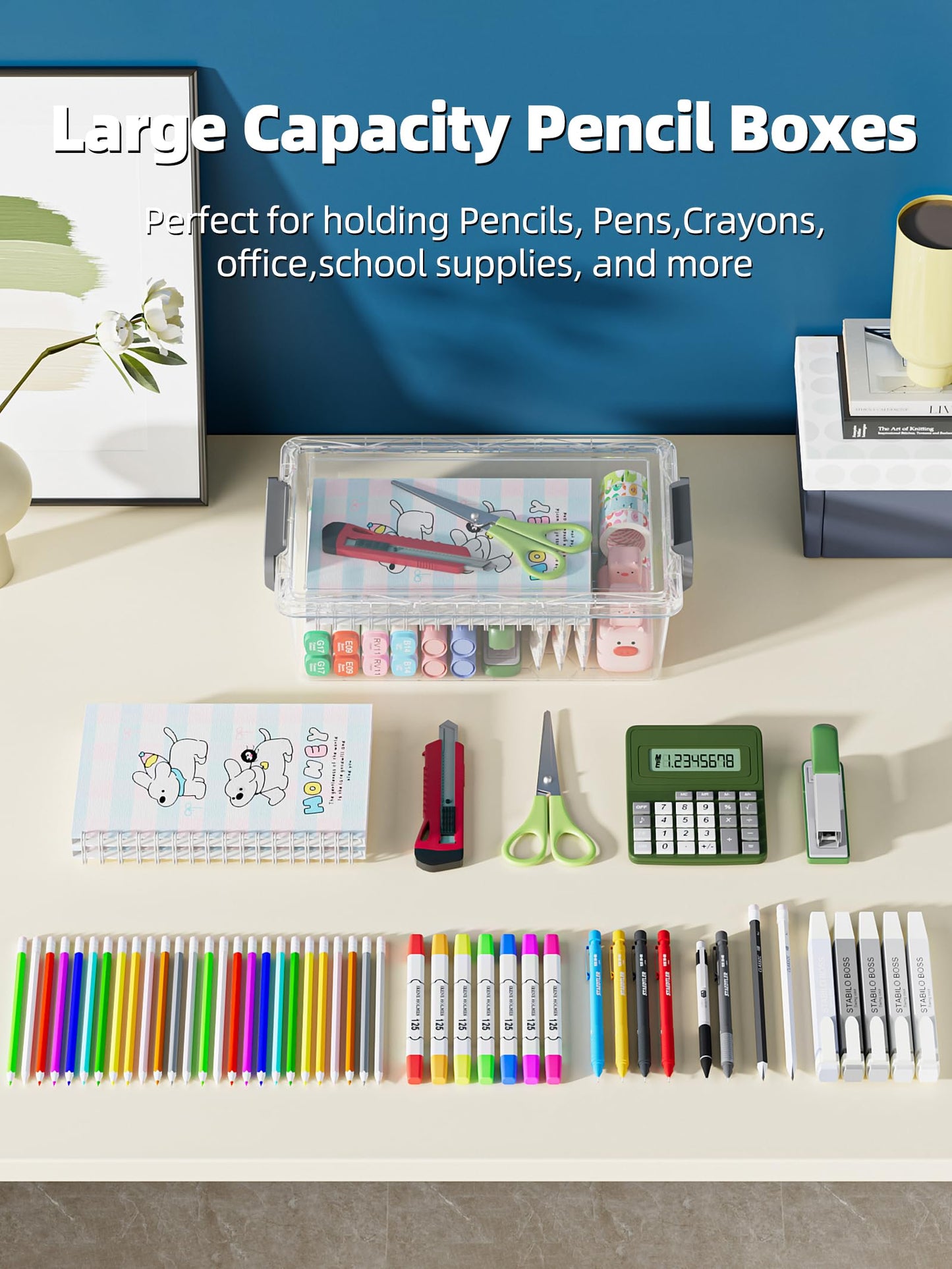 BiuLeon 4 Pack Extra Large Pencil Box, Plastic Pencil Case Organizer, Clear Crayon Box Marker Organizer, Stackable Craft Organizers and Storage for Pen, Craft, Art Supply(Pink)
