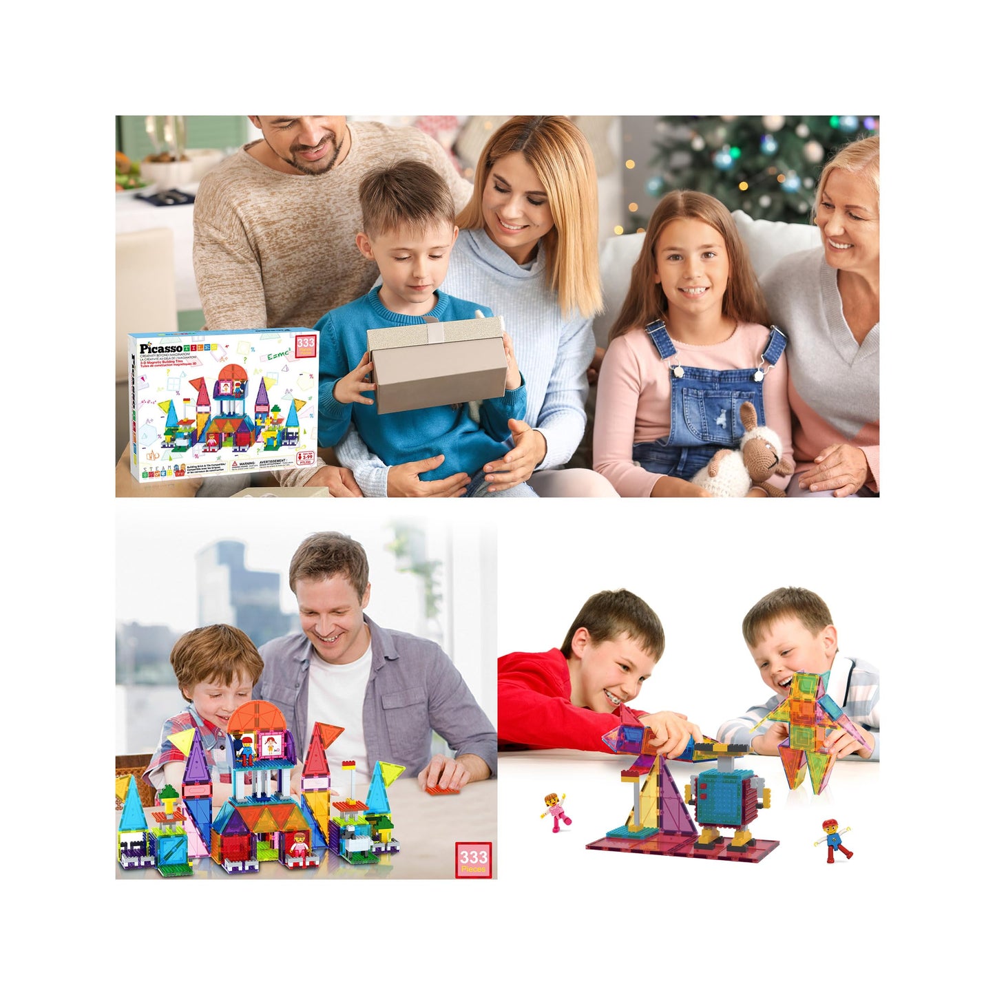 PicassoTiles 333pcs Magnetic Brick Tile and Magnetic Tile Combo Set, Action Figures included, Building Blocks STEM Toys, Educational Montessori Preschool Toddler classroom learning toys, Kids activity