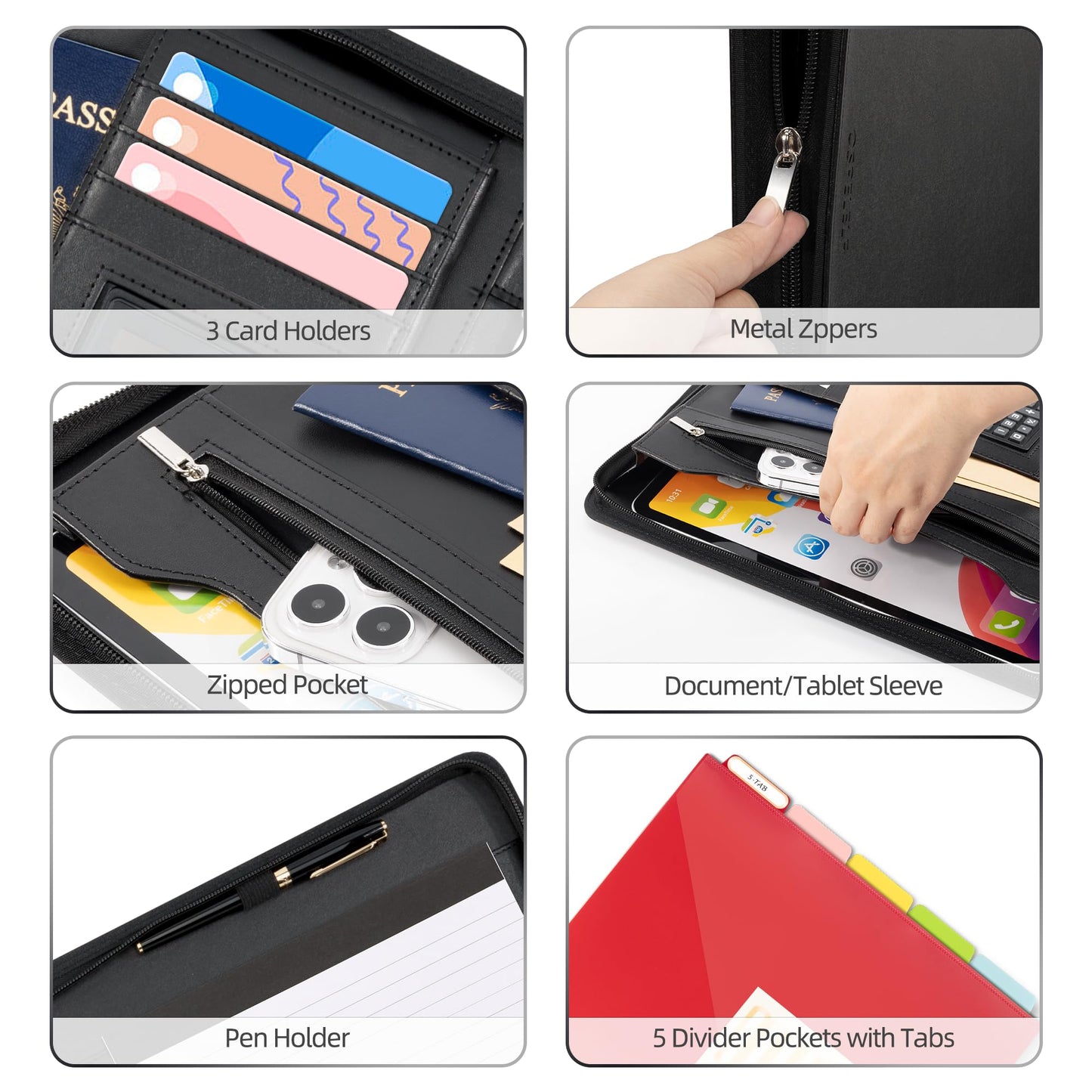 Ospelelf Zippered Padfolio Portfolio Folder, Leather Clipboard with Storage, 3 Ring Binder 1 Inch,12.1” Tablet Sleeve, 5 Dividers with Pocket, Refillable Notepad, Card Slot (Classic Black)