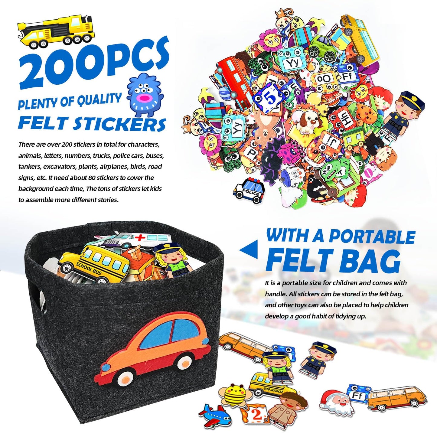 200 PCS Felt Board Story Set for Toddlers with Storage Bag City Car Traffic Themed 40 X 28 inch Teaching Wall Flannel Board Kit for Preschool Activity Early Learning Interactive Storytelling(Darkgrey)