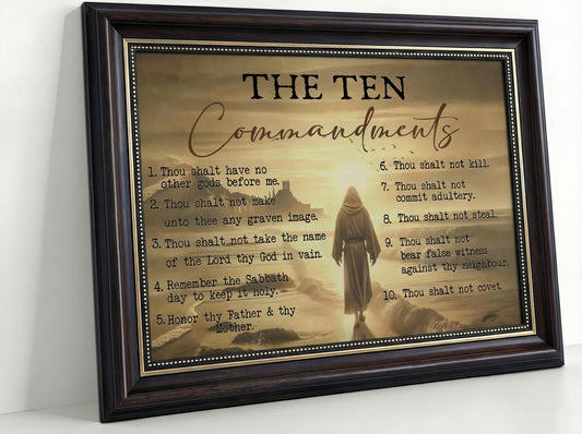 Dark Brown Framed The Ten Commandments Canvas Wall Art Jesus Christ Wall Decor Picture Christian Inspirational Quotes Poster Print Painting for Church Living Room Bedroom Home Decoration