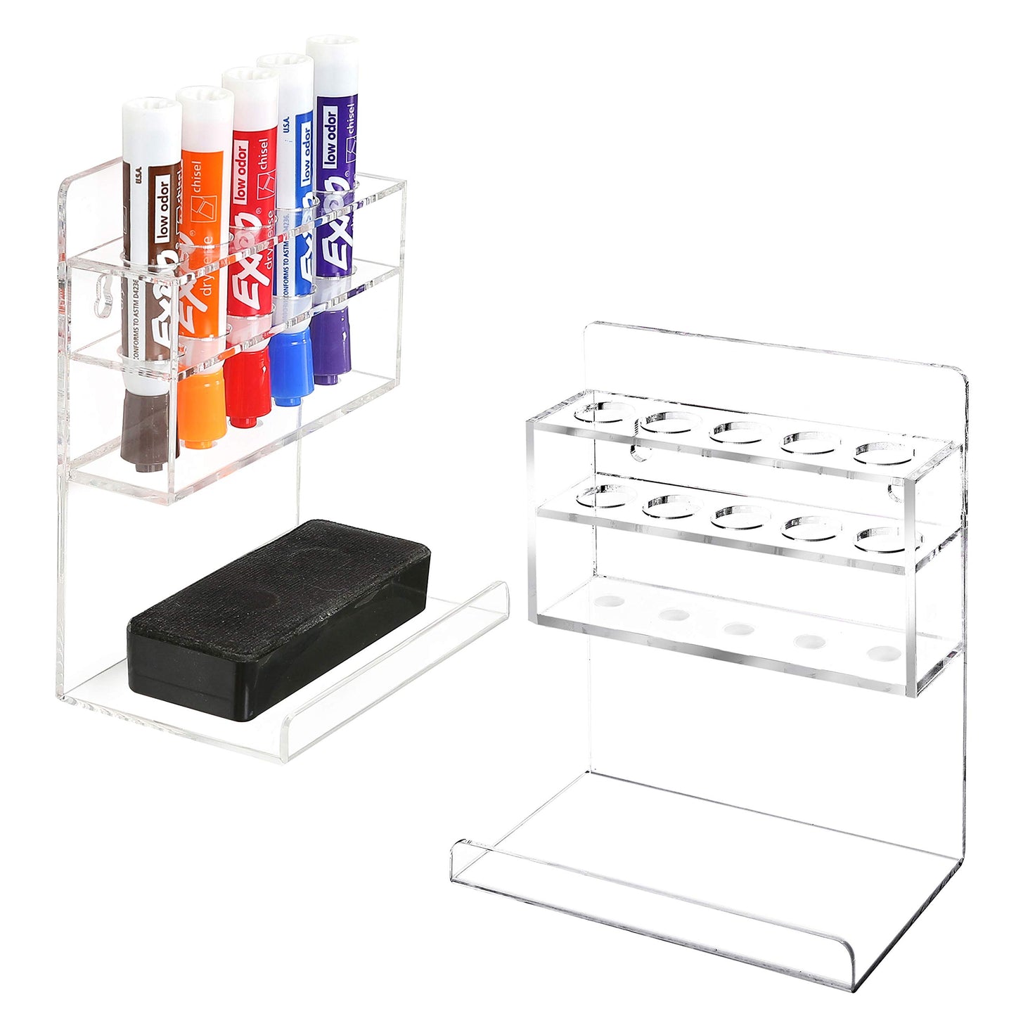 MyGift Wall Mounted Clear Acrylic Dry Erase Marker Holder Organizer for 5 Markers and Eraser, Hanging Whiteboard Accessories Rack for Office Home Dorm Classroom Meeting Room, Set of 2