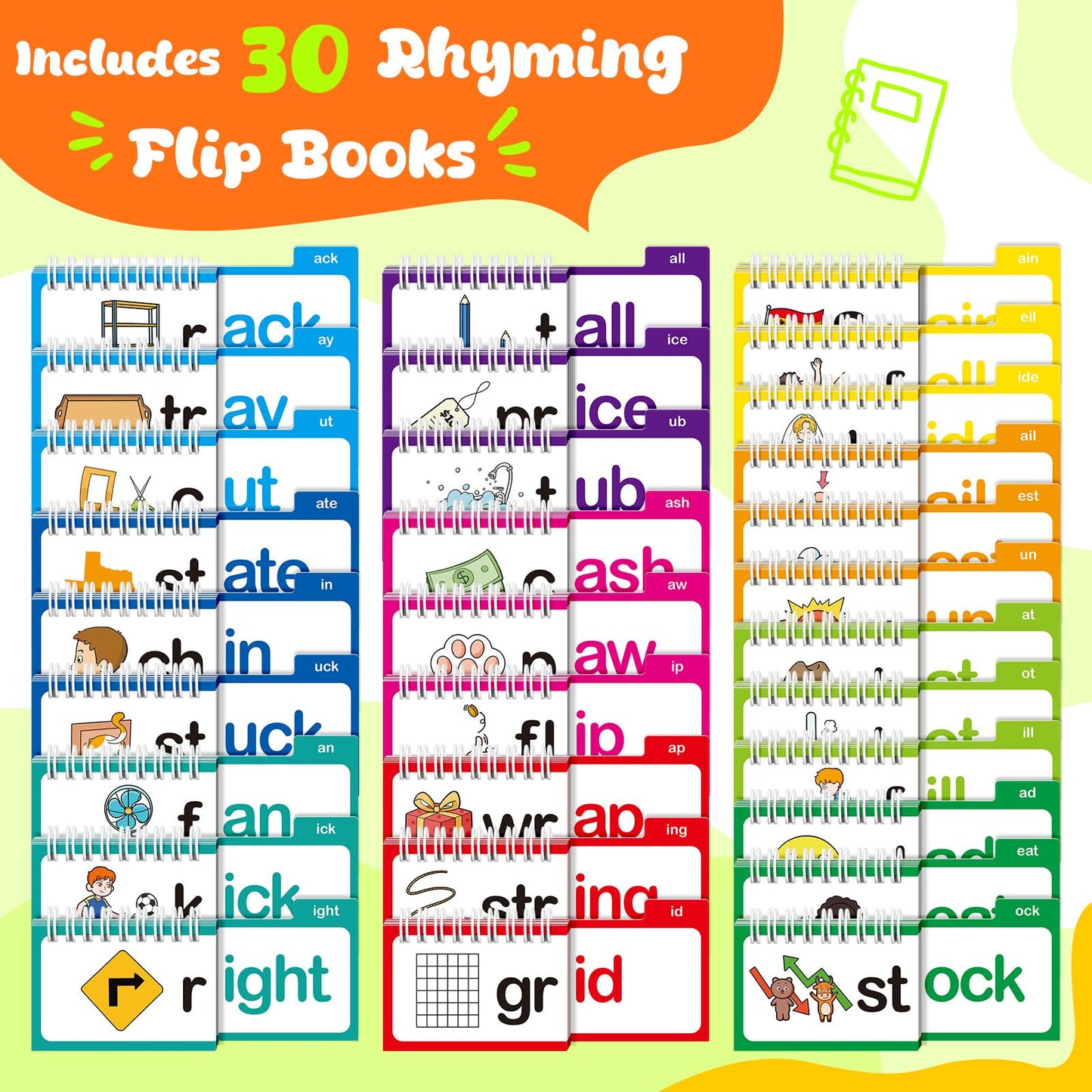 Zazopup 30 Read and Rhyme Flip Books,Word Family Build Book,Learn to Read Phonics Flash Cards,Sight Words Flash Cards Kindergarten Classroom Homeschool Learning Book,Phonics Flashcards,Reading Games