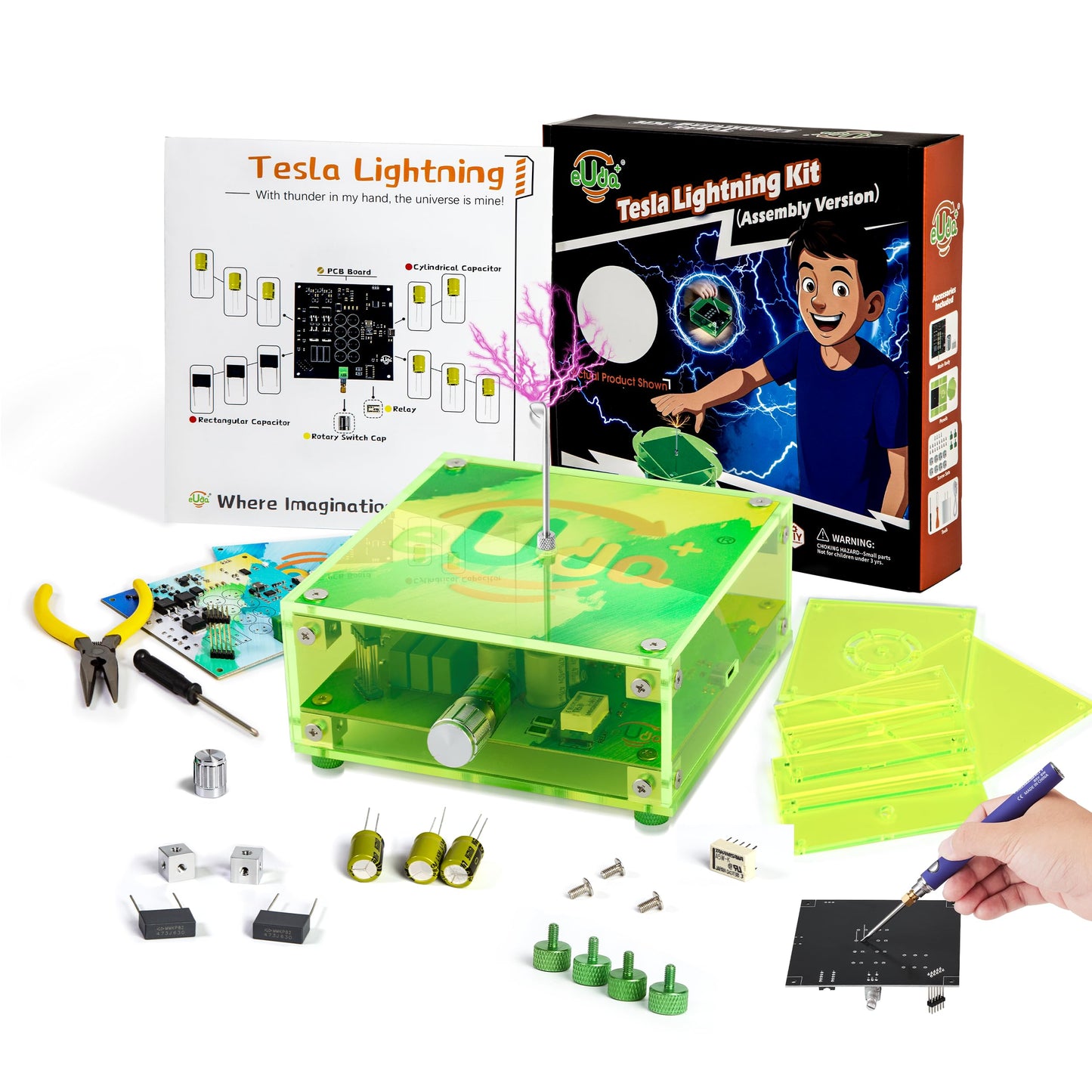 eUda+ STEM Tesla Lightning Kit For Kids&Adults Science Kits For Kids Age 12-14 Stem Kits For Kids Age 14-16 Electronic Science Kits Soldering Practice Kit For Beginners 12+(Soldering Version, RFG PRO)
