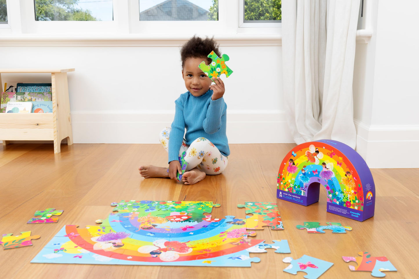 Crocodile Creek 36-Piece Jigsaw Floor Puzzle - Fun Floor Puzzles for Kids Ages 3-5 - Heavy-Duty Shaped Box for Storage - Over The Rainbow - 24" W x 18" H Finished