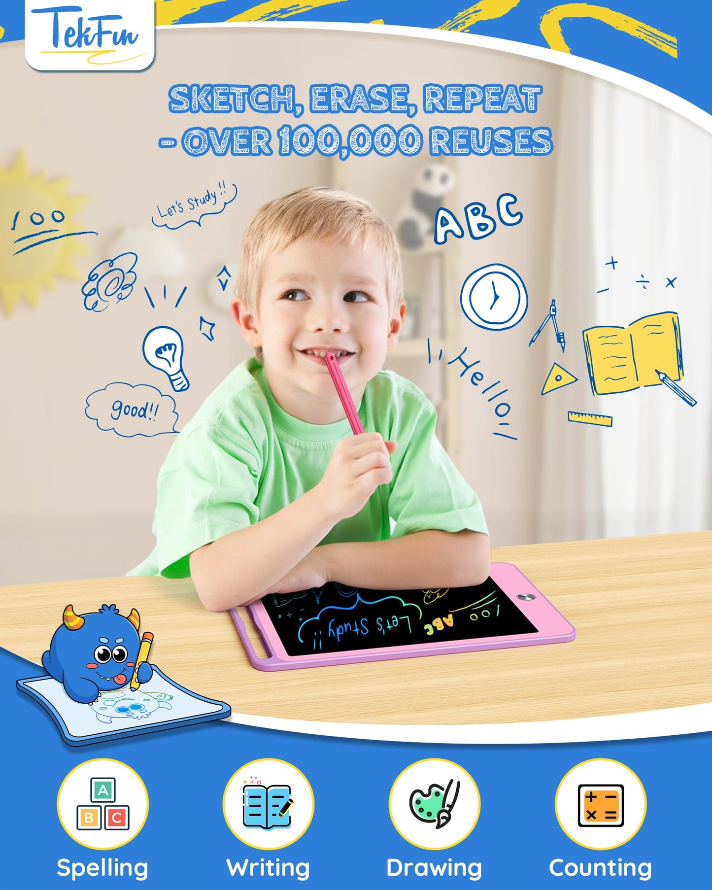 TEKFUN Kids Toys for 3+ Years Old Boys Girls, 8.5inch LCD Writing Tablet Erasable Drawing Tablet Writing Pads, Kids Travel Learning Toys Boys Girls Birthday Gifts Age 3 4 5 6 7 (Purple)