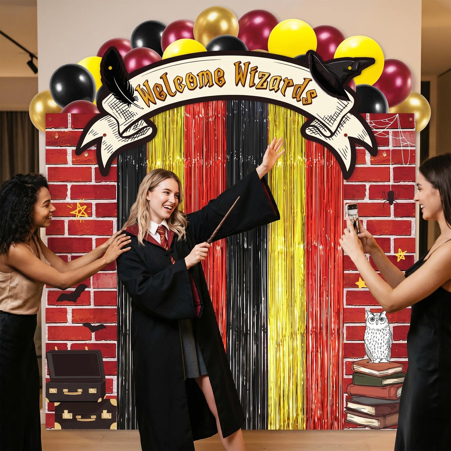JewGewenil Wizard School Theme Party Banners - 25Pcs Black Red Gold Foil Fringe Backdrop Curtains and Balloon Decoration Set, Magic Inspired Design for Classroom Birthday Photo Booth (Welcome Wizard)