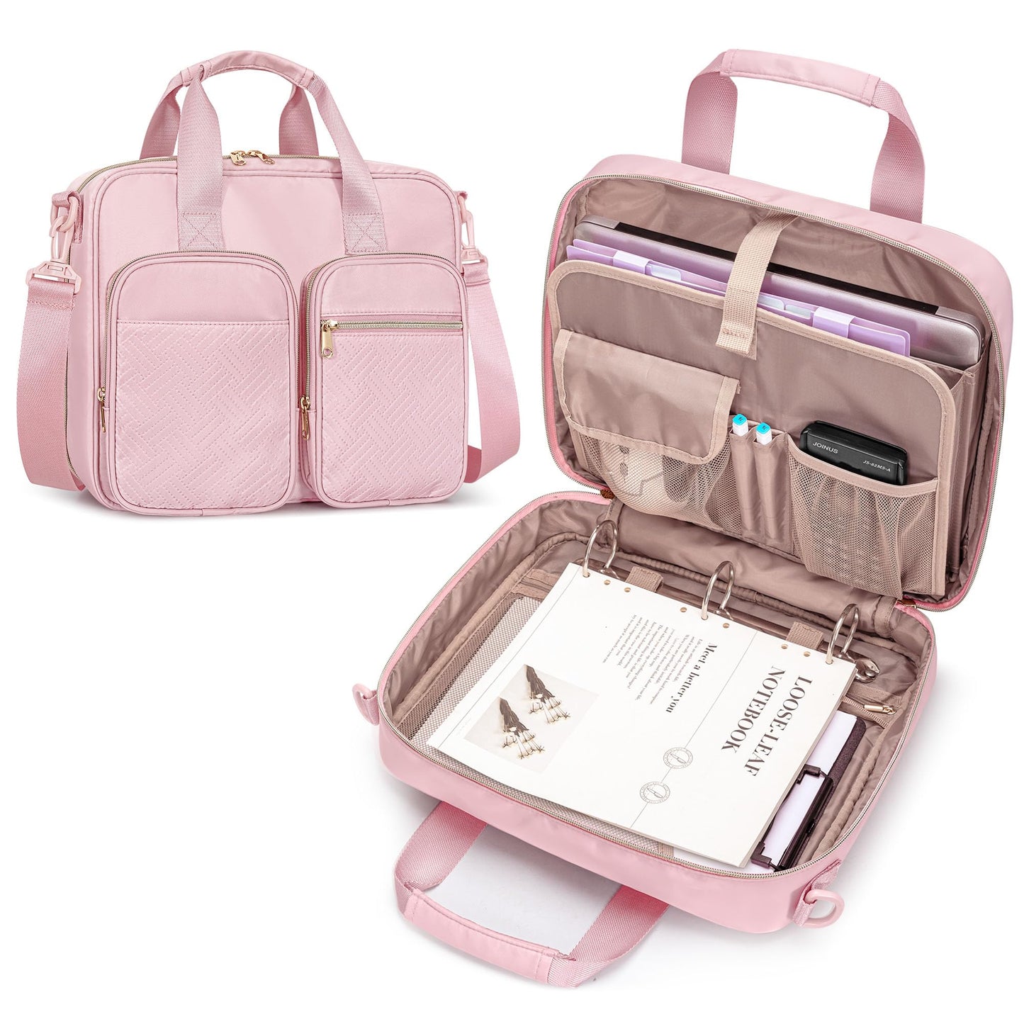 Prokva 3 Ring Zipper Binder, 2 Inch Ring Binder Organizer Bag with Shoulder Strap Fits 13 Inch Laptop and 500 Sheets, Pink (Empty Bag Only)
