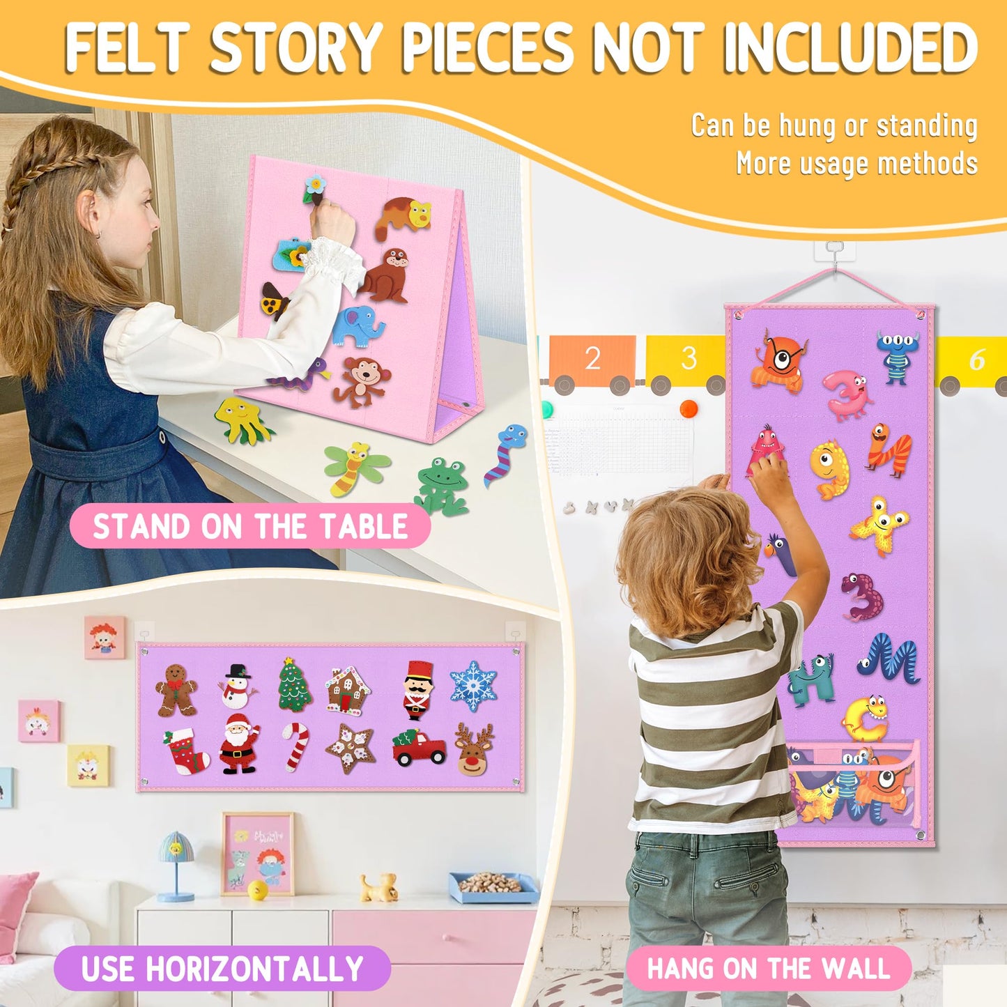 AKAYOK Foldable Felt Board - Double-Sided Flannel Story Board for Preschool Learning, Interactive Storytelling & Play | 33" x 12" Portable Felt Play Board for Home & Classroom Use (Pink)