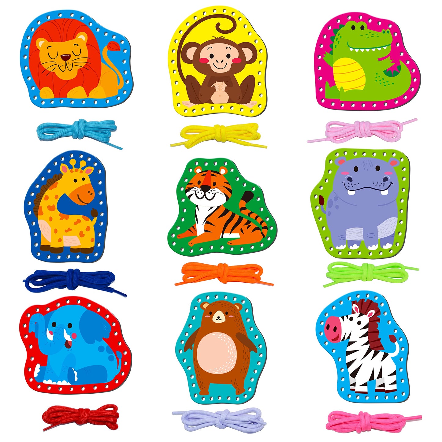 SpriteGru 9 Pieces Kids Lacing Cards, Double Sided Sewing Cards in 9 Wild Animals with 9 Colorful Laces, Imagination Development Lacing Toys Games for Children Educational and Learning Activity