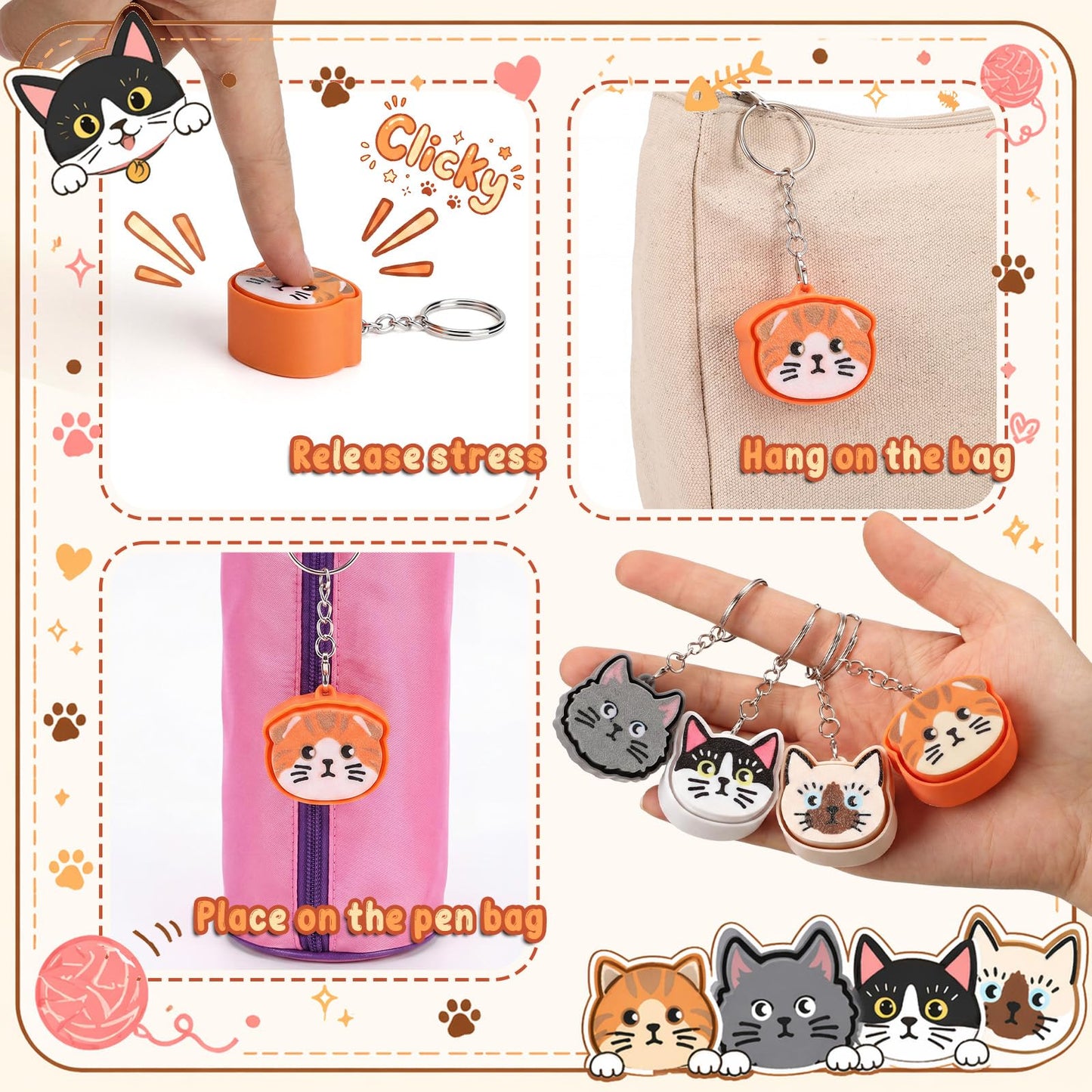 Kenning 12 Pcs Cat Clicker Fidget Keychain Bulk 3D Printed Sensory Clicker Fidget Toys for Adults Stress Relief Cat Party Favors Keychains for Birthday Goodie Bags Summer Giveaways Coworker Gifts