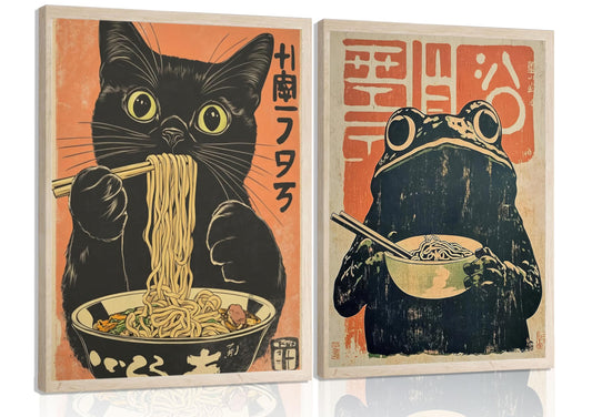 ELESFEK 2Pcs Vintage Japanese Cat Wall Art Quirky Black Cat Eating Ramen Canvas Poster Retro Funny frog Eating Food Painting Picture Unique Kitchen Print Dining Room Wall Decor Unframed