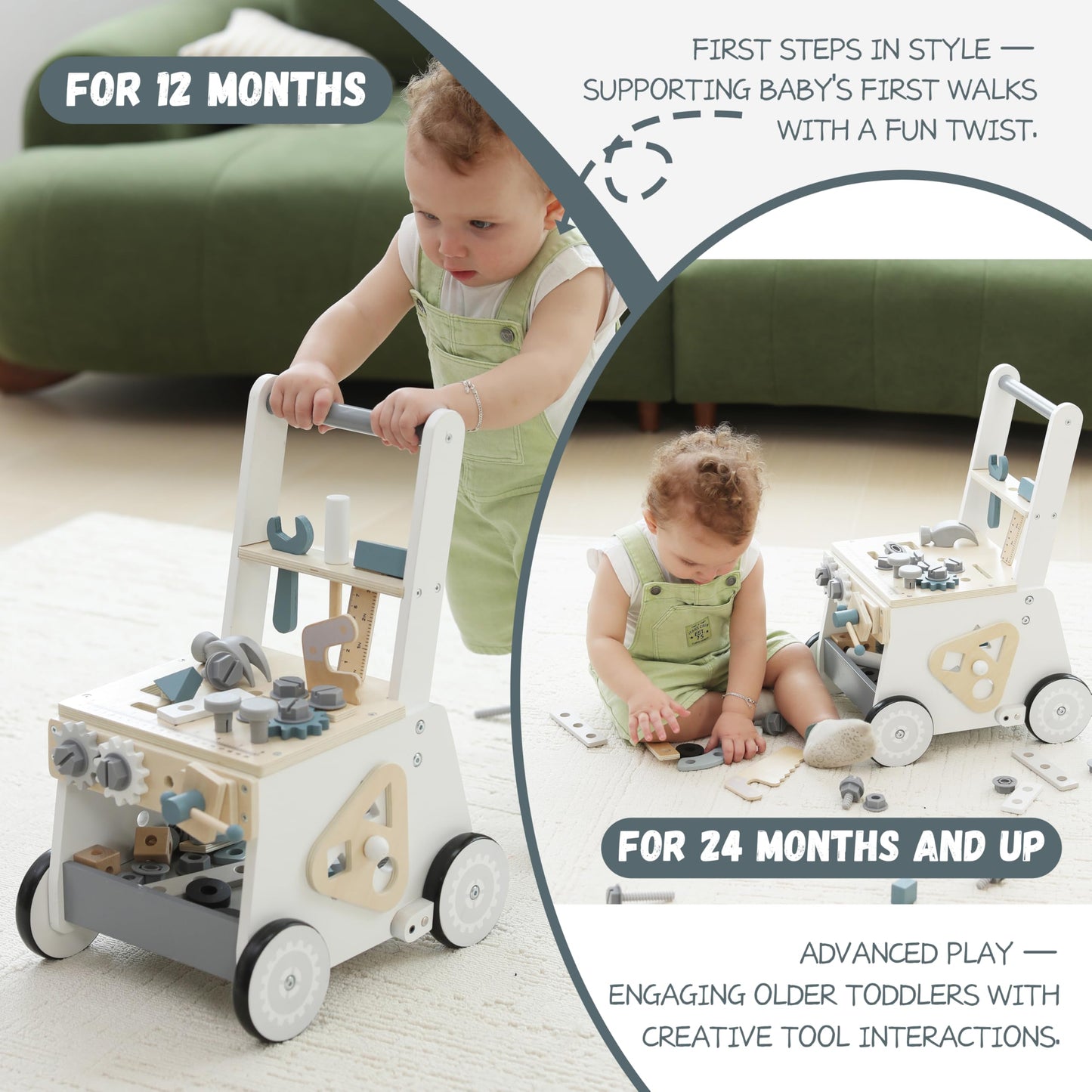 Wooden Baby Push Walker for Toddlers - Multifunctional Montessori Tool Bench Baby Walking Toy with Educational Activities, Ideal for Boys and Girls Aged 3 Years