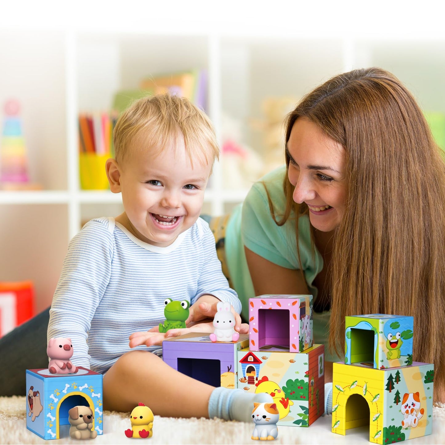 ShyLizard Toddler Farm Animal Sorting and Stacking Toys, Nesting Boxes and Blocks With Finger Puppets - Gifts for 1-3 Year Olds