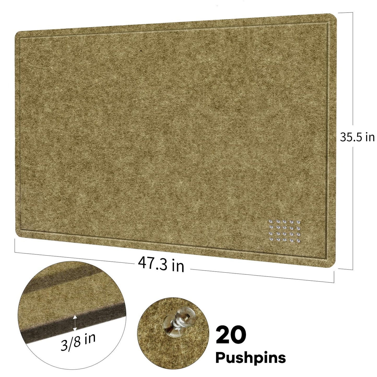 Large Bulletin Board - 48 x 36 Inches, Decorative Felt Pin Board for Wall - 4' x 3' Foldable Photo Display Board with Self-Adhesive Tape, Includes 20 Push Pins - Olive