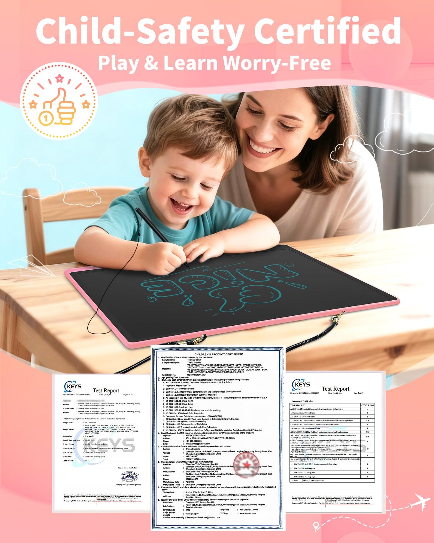 [Rechargeable] 20 Inch LCD Writing Tablet for Kids, Extra-Large Drawing Tablet for Adults, Educational & Learning Toys for Boys Girls Ages 8-12 Years Old, Drawing Board for Kids Birthday Gift (Pink)