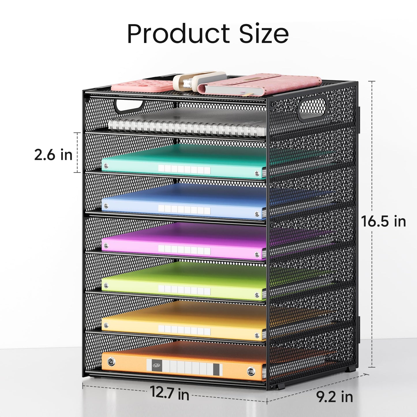 Lavatino 2 Pack 8-Tier Office Desk File Organizer, Letter Tray Paper Organizer with Handle, Including 5 Adjustable Slide Trays for Organizing Desktop Workspace Accessories and Supplies (Black Mesh)