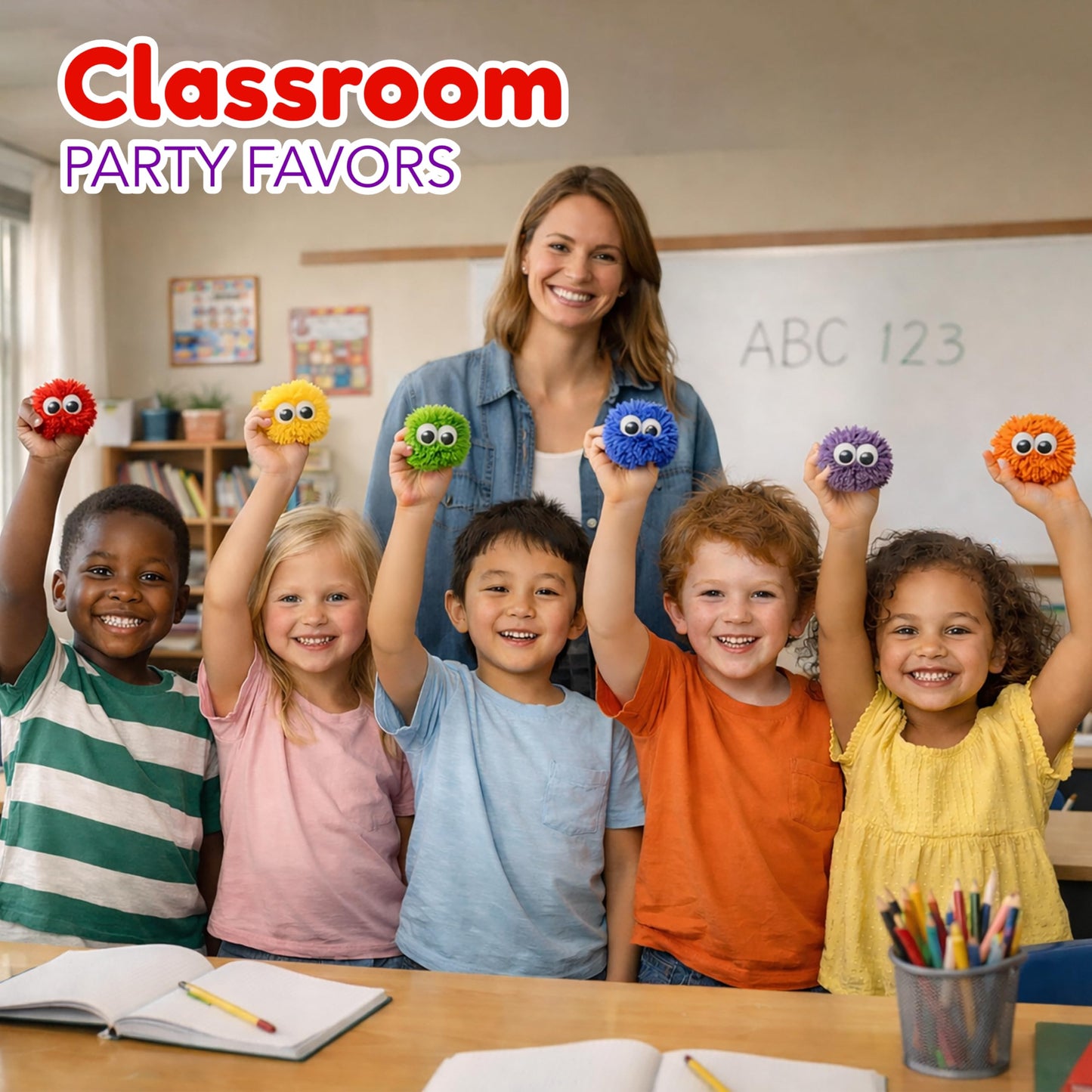 4E's Novelty 12 Pack Googly Eye Dry Erase Board Erasers Bulk - Microfiber Shag Washable Multicolor Whiteboard Erasers for Teachers Kids, Back to School Classroom Supplies School Essential