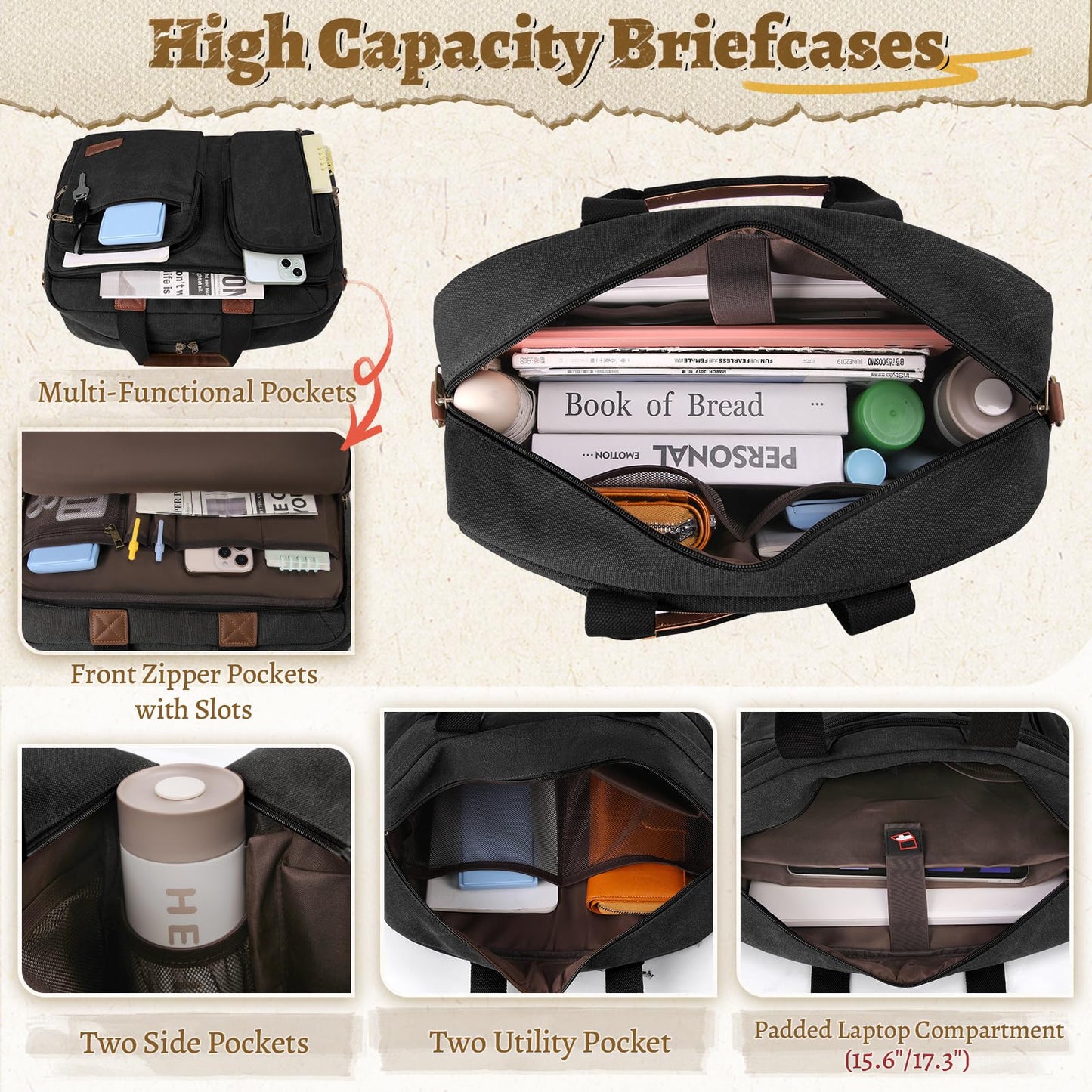 Mens Laptop Messenger Bag 15.6 Inch Canvas Briefcase Waterproof Vintage Computer Bag Shoulder Bag Satchel Bags for Work College Travel