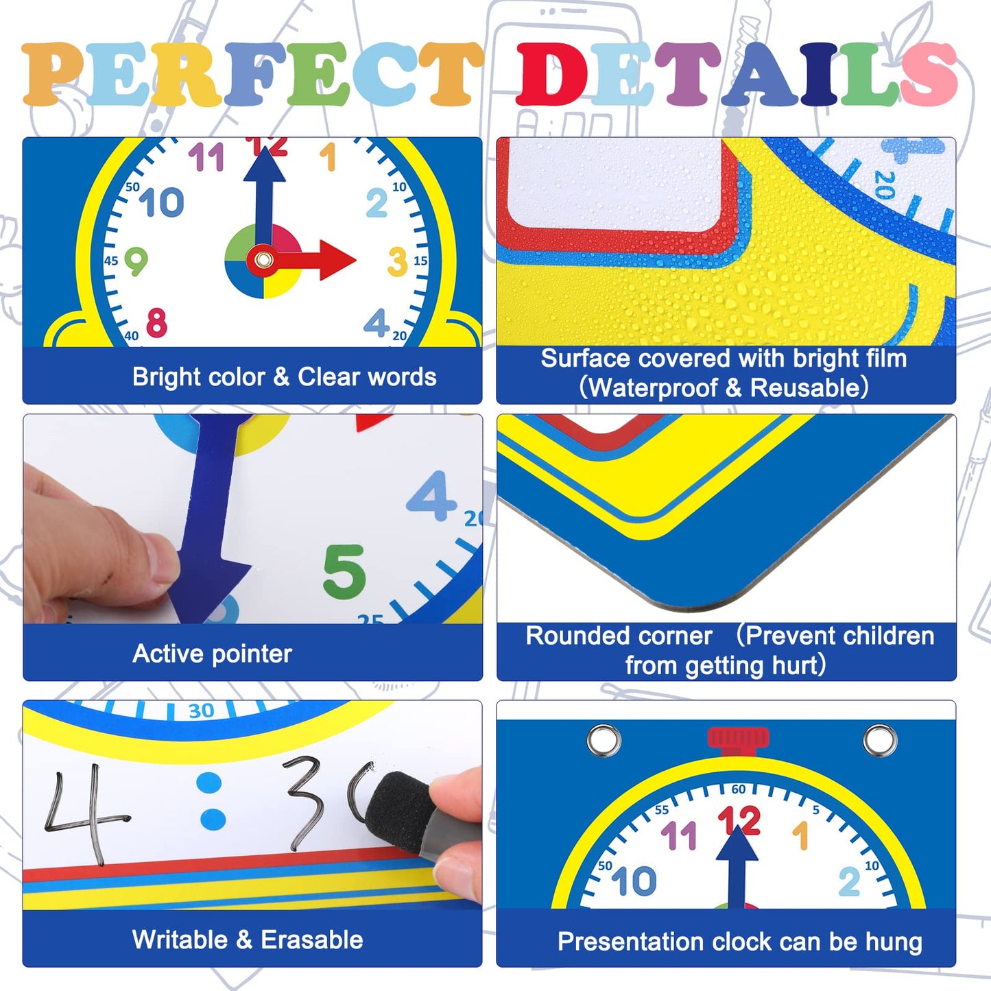 Junkin 25 Pcs Teaching Clock Kit, Learning Clocks for Kids Learning Time with Erasable Surface for Home School Classroom Supplies(Cute Style)