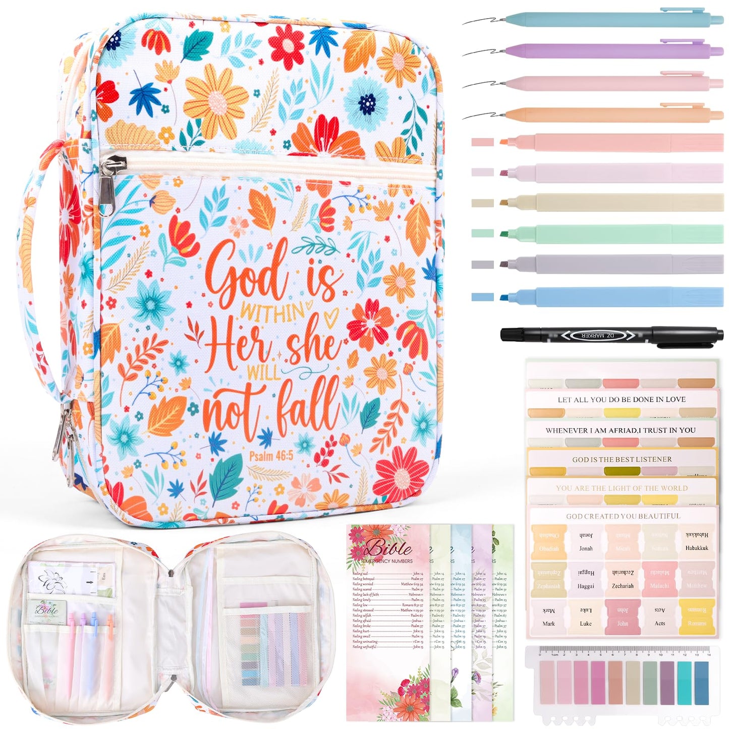 XKDOUS Bible Cover Case for Women Floral Pattern Bible Bag with Handle, Pens & Tabs, Study Supplies Carrying Case Organizer Portable Church Book Holder