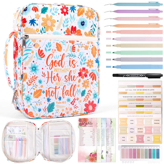 XKDOUS Bible Cover Case for Women Floral Pattern Bible Bag with Handle, Pens & Tabs, Study Supplies Carrying Case Organizer Portable Church Book Holder