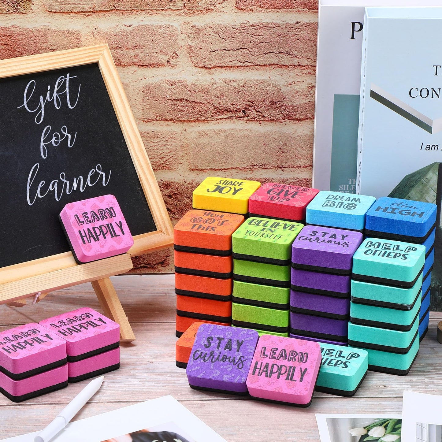 Dunzoom 54 Pack Mini Dry Erase Erasers Magnetic Whiteboard Eraser for Kids Mini Dry Erase Board Erasers Bulk for Teacher Classroom Home Office(Motivation Style, 2 x 2 Inch)(Motivation Style)